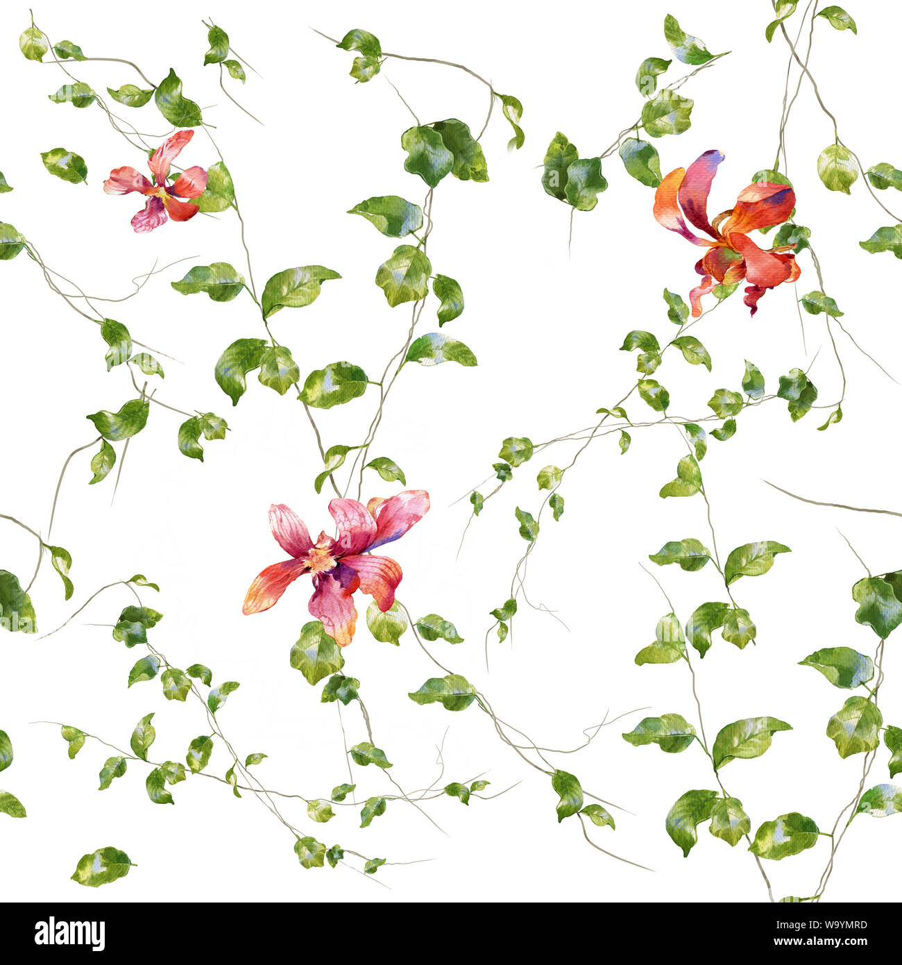 La pittura ad acquerello di foglie e fiori, seamless pattern su sfondo bianco Foto Stock