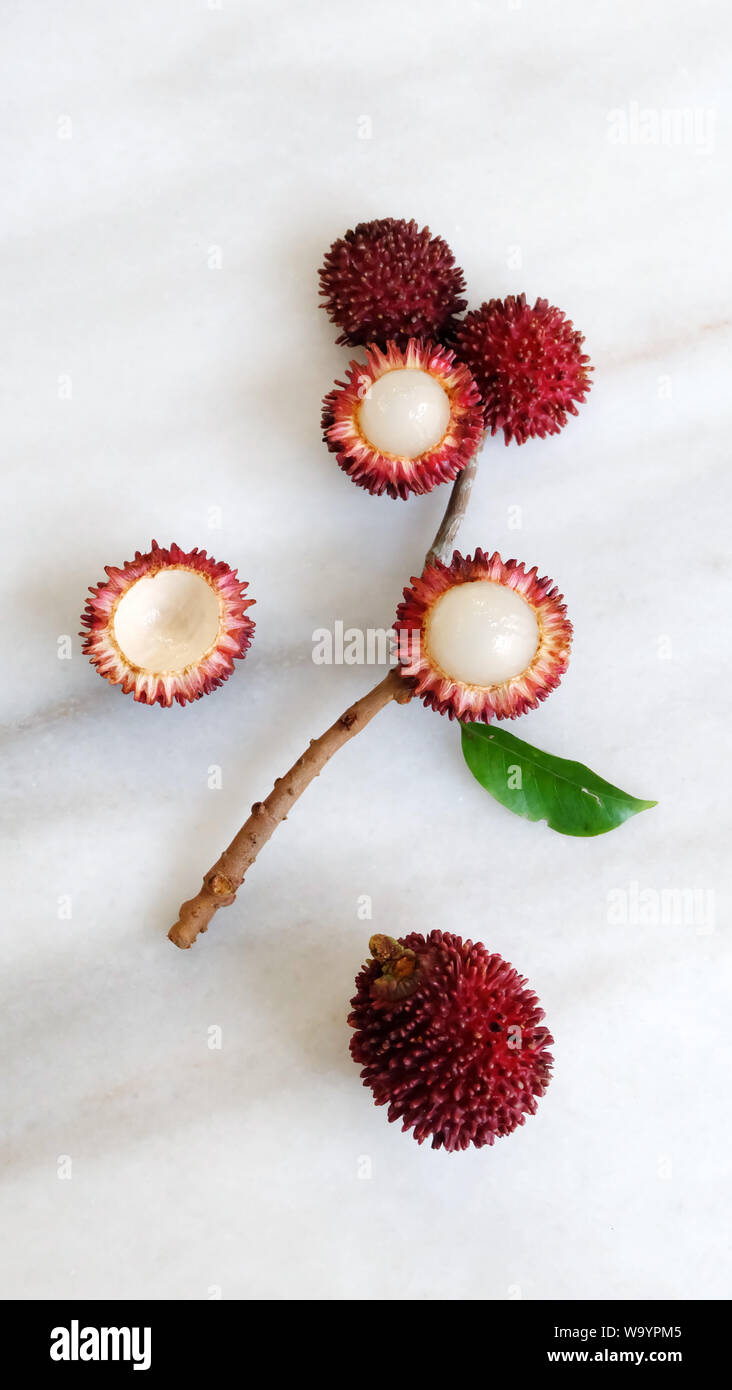 Piatto di laici pulasan frutta, foglie e rami disposti in un disegno floreale. Pulasan è un rosso di frutta tropicale dal sud-est asiatico. Foto Stock