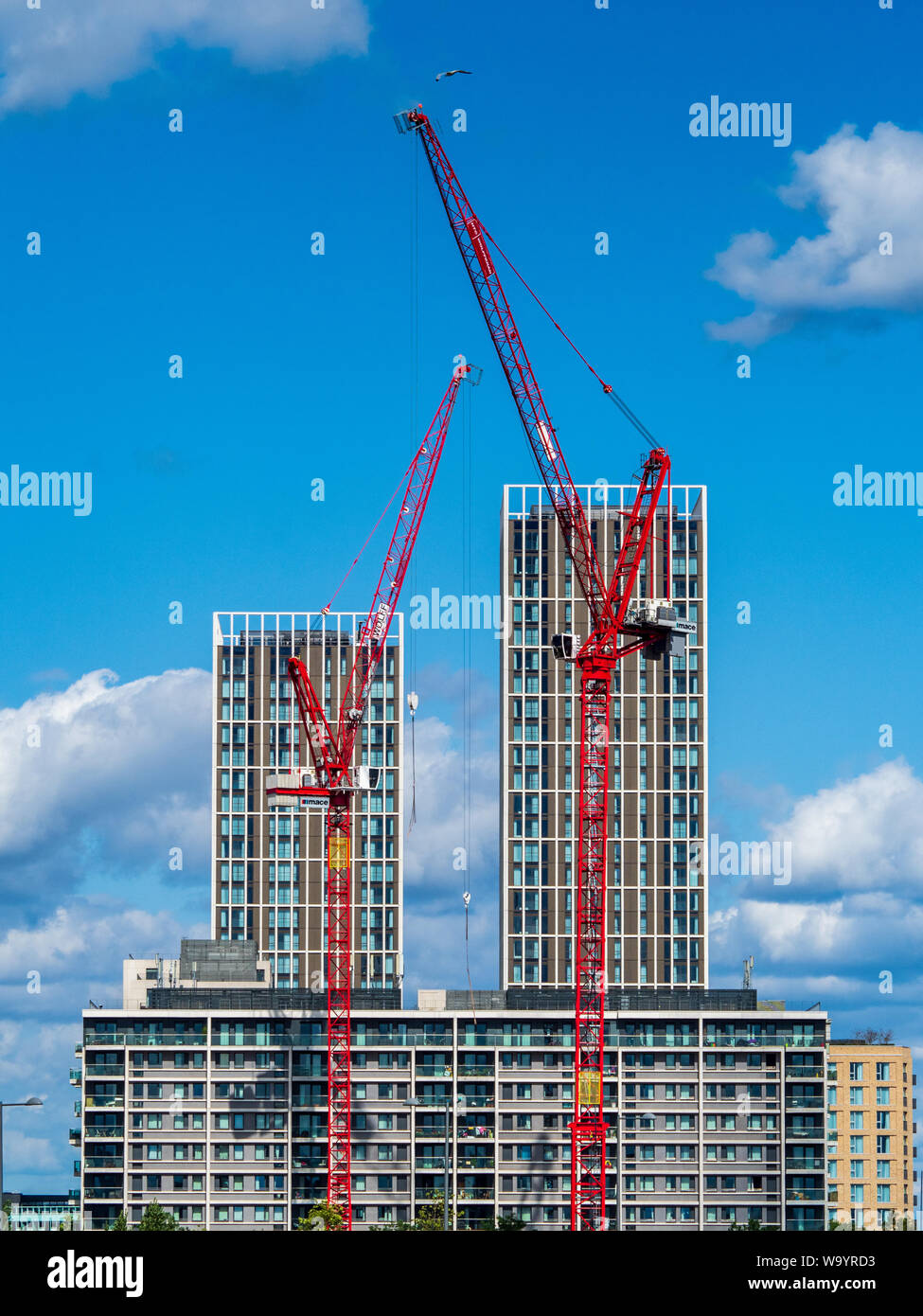 East Village London. Costruzione di edifici presso l'East Village Stratford sviluppo residenziale sul sito delle Olimpiadi del 2012 VILLAGGIO ATLETI. Foto Stock