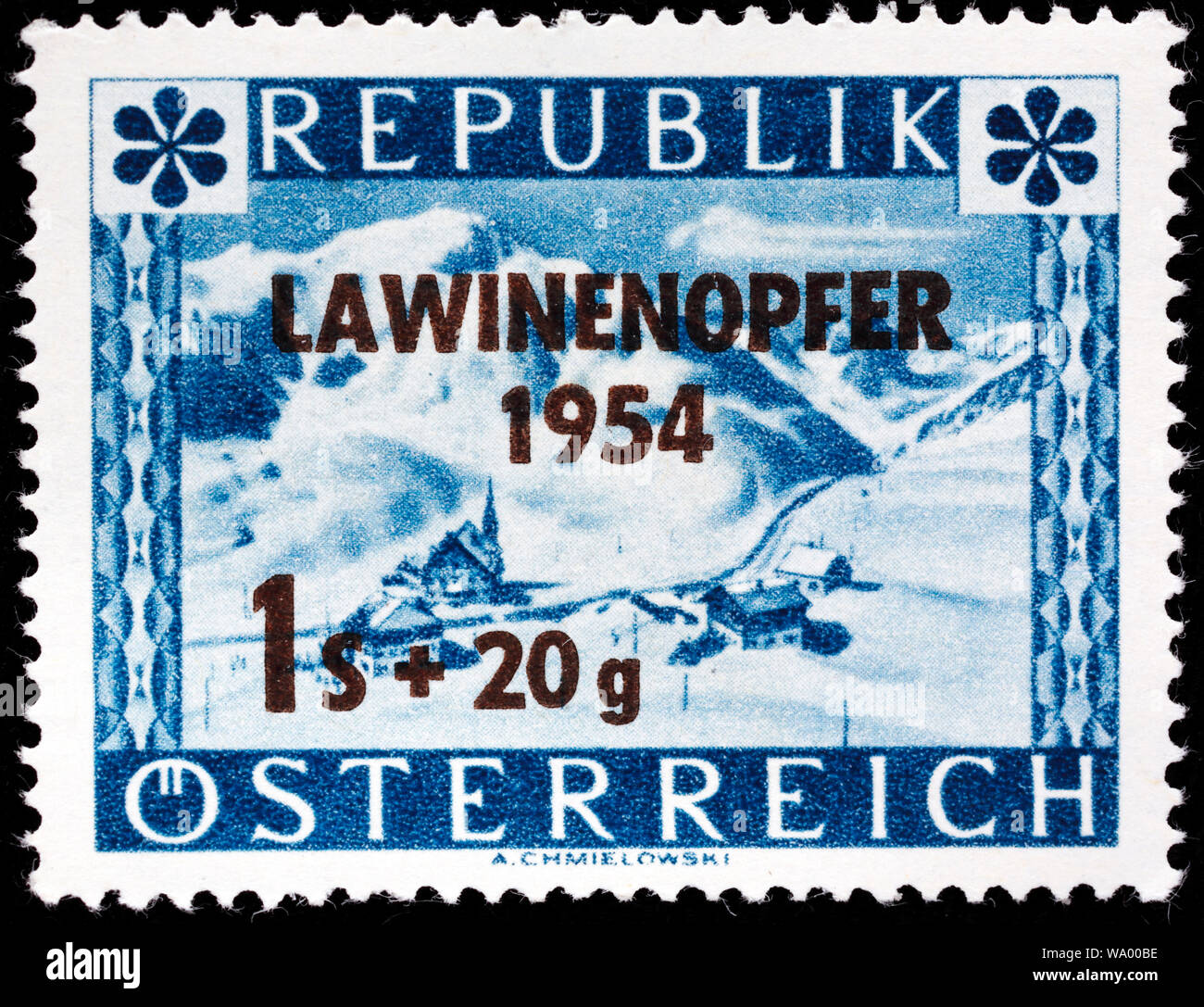 St. Christoph a Arlberg, Tirolo, vittime di valanghe, francobollo, Austria, 1954 Foto Stock