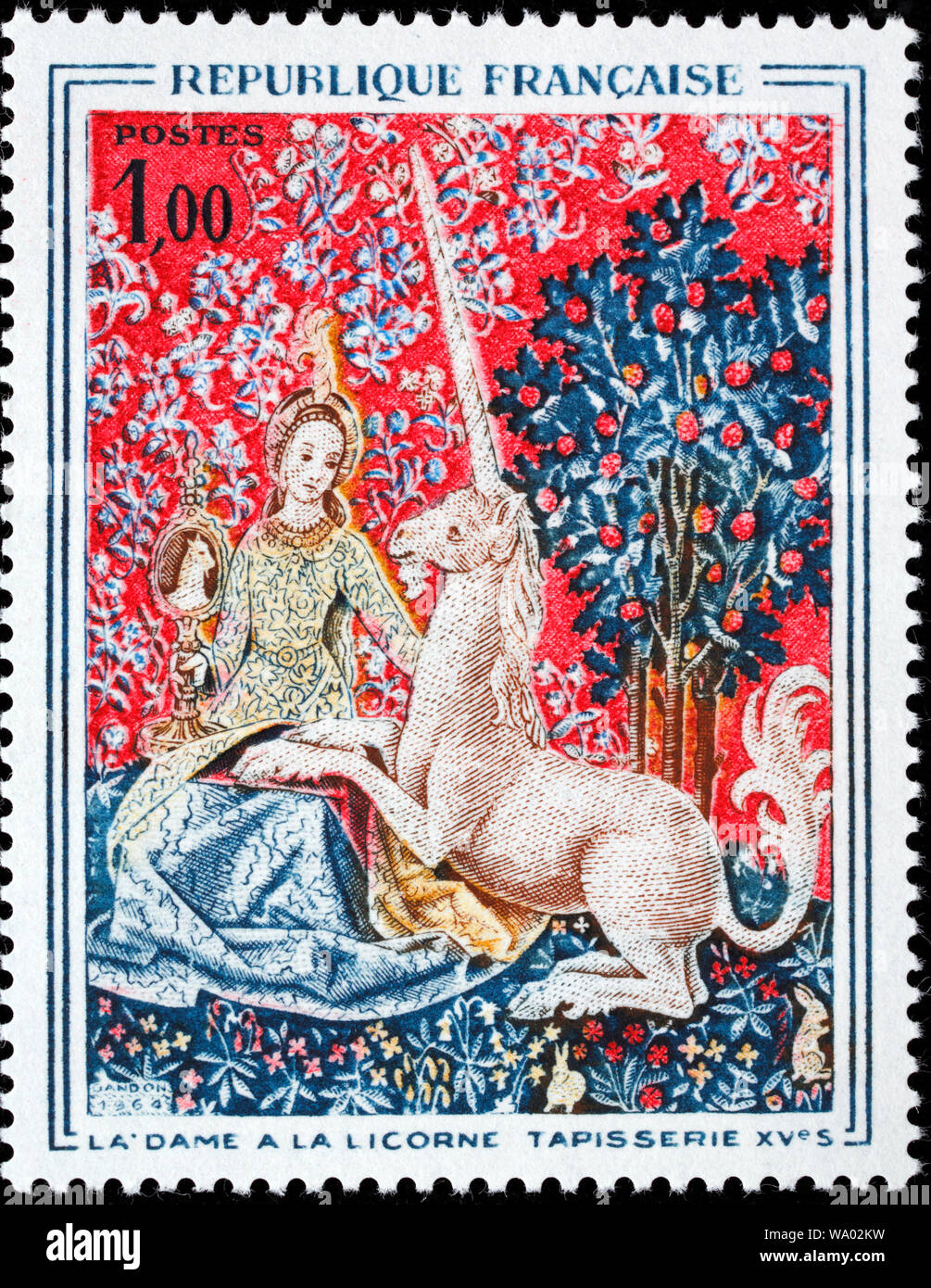 La tappezzeria, la signora e il bufalo, francobollo, Francia, 1964 Foto Stock