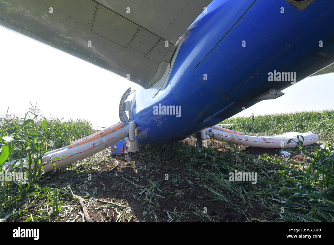 Oblast di Mosca. L'Airbus A321 della compagnia aerea "Ural airlines', che ha effettuato un atterraggio di emergenza in aeroporto Zhukovsky dopo l'incendio del motore durante la fase di decollo. Foto Stock