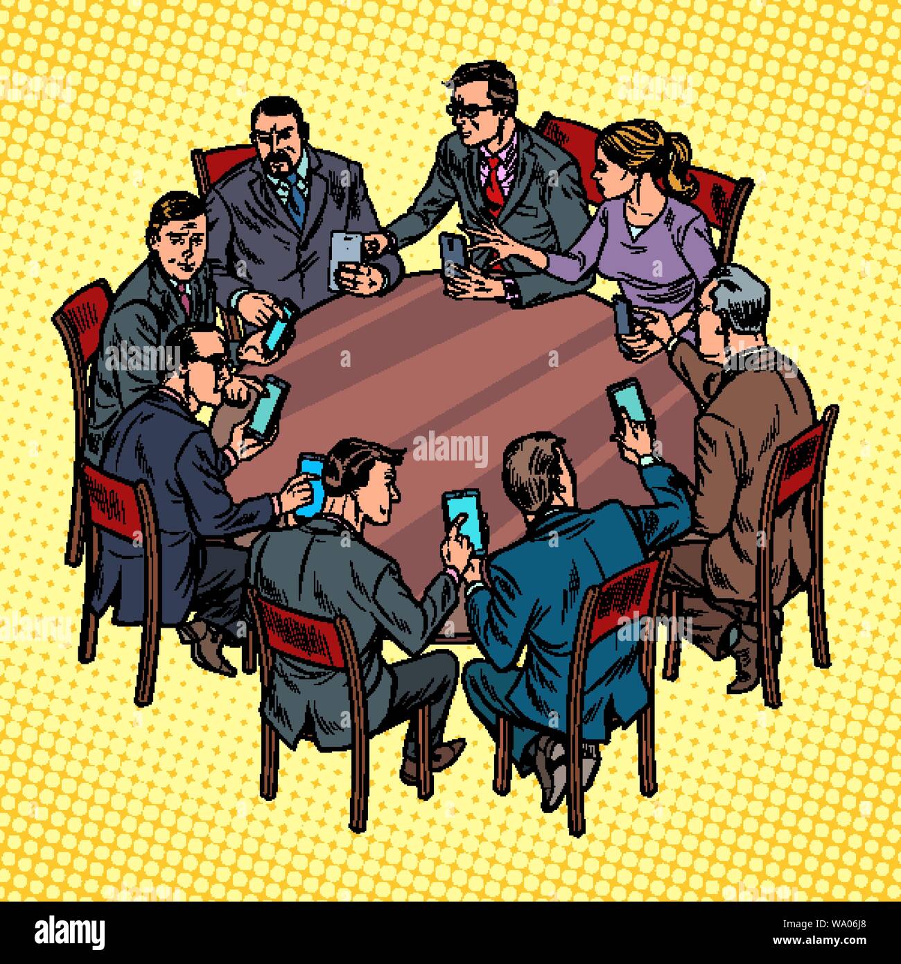 Imprenditori incontro uomo e donna. smartphone tecnologia gadget Illustrazione Vettoriale