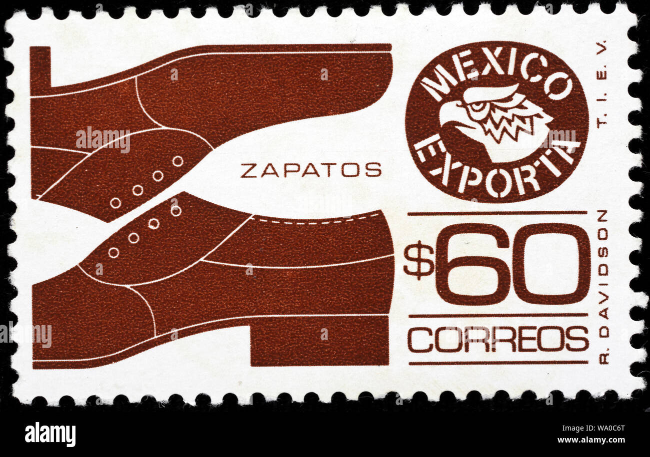 Scarpe, esportazione messicana, francobollo, Messico, 1986 Foto Stock