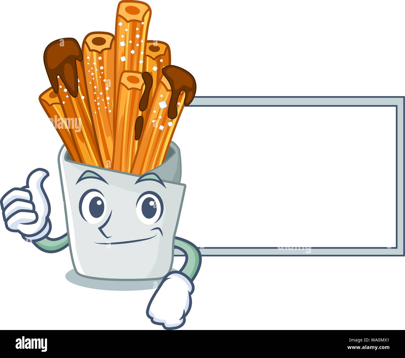 Pollice in su con la scheda con churros nella forma di cartoni animati Illustrazione Vettoriale