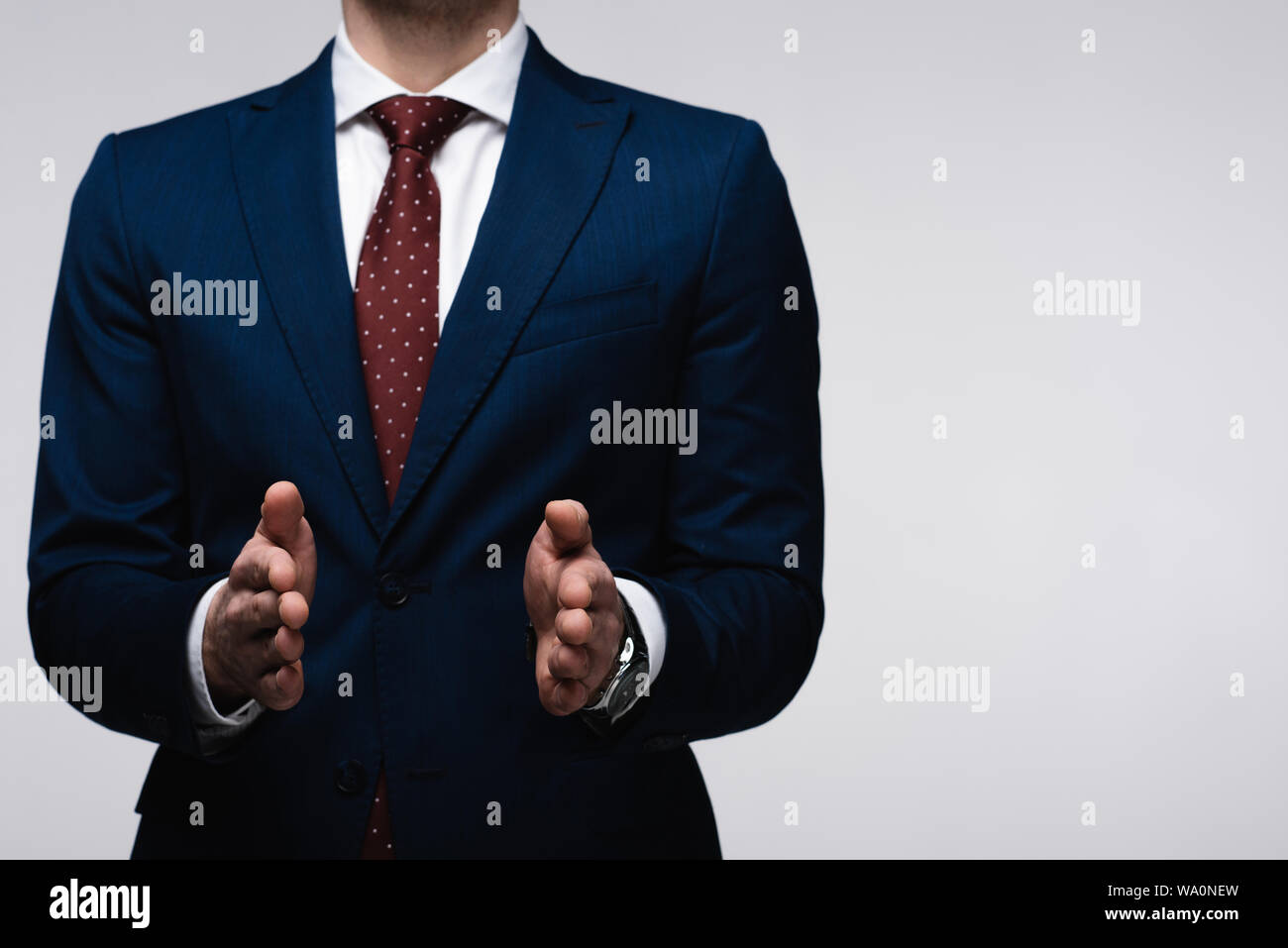 Vista ritagliata di imprenditore fiducioso che mostra dimensioni gesto isolato sul grigio, emozioni umane e concetto di espressione Foto Stock