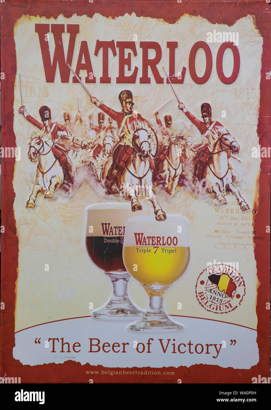 Doel, Belgio, 11 Augusto 2019, un ferro da stiro billboard di Waterloo ad alta fermentazione birre che vengono prodotte in Belgio con cura, utilizzando i migliori ing naturale Foto Stock