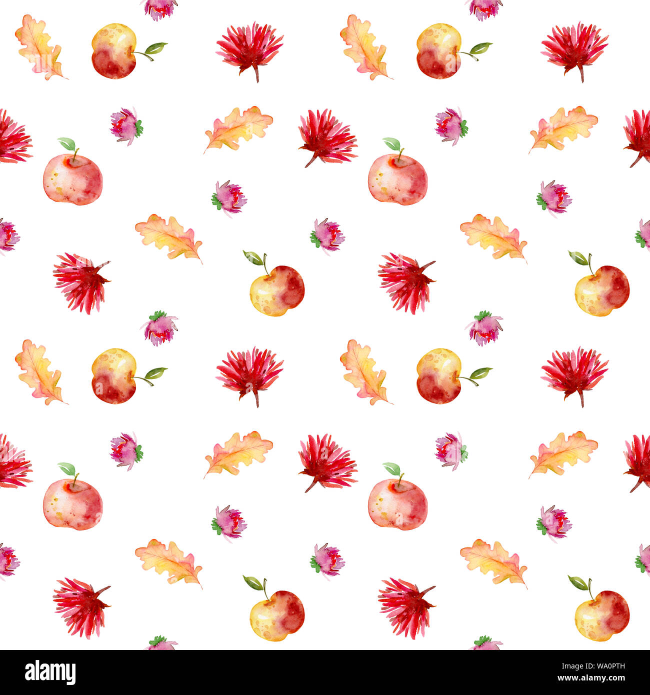 Modello senza cuciture con acquarello elementi d'autunno - secco foglie di giallo, apple e fiori. Adatto per la progettazione di packaging, la stampa su tessuto, schede wra Foto Stock