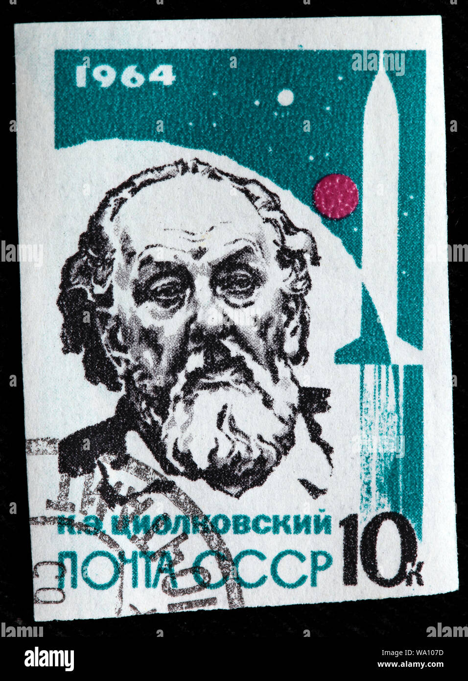 Konstantin Tsiolkovsky (1857-1935), il razzo russo scienziato, pioniere della teoria astronautica, francobollo, Russia, URSS, 1964 Foto Stock