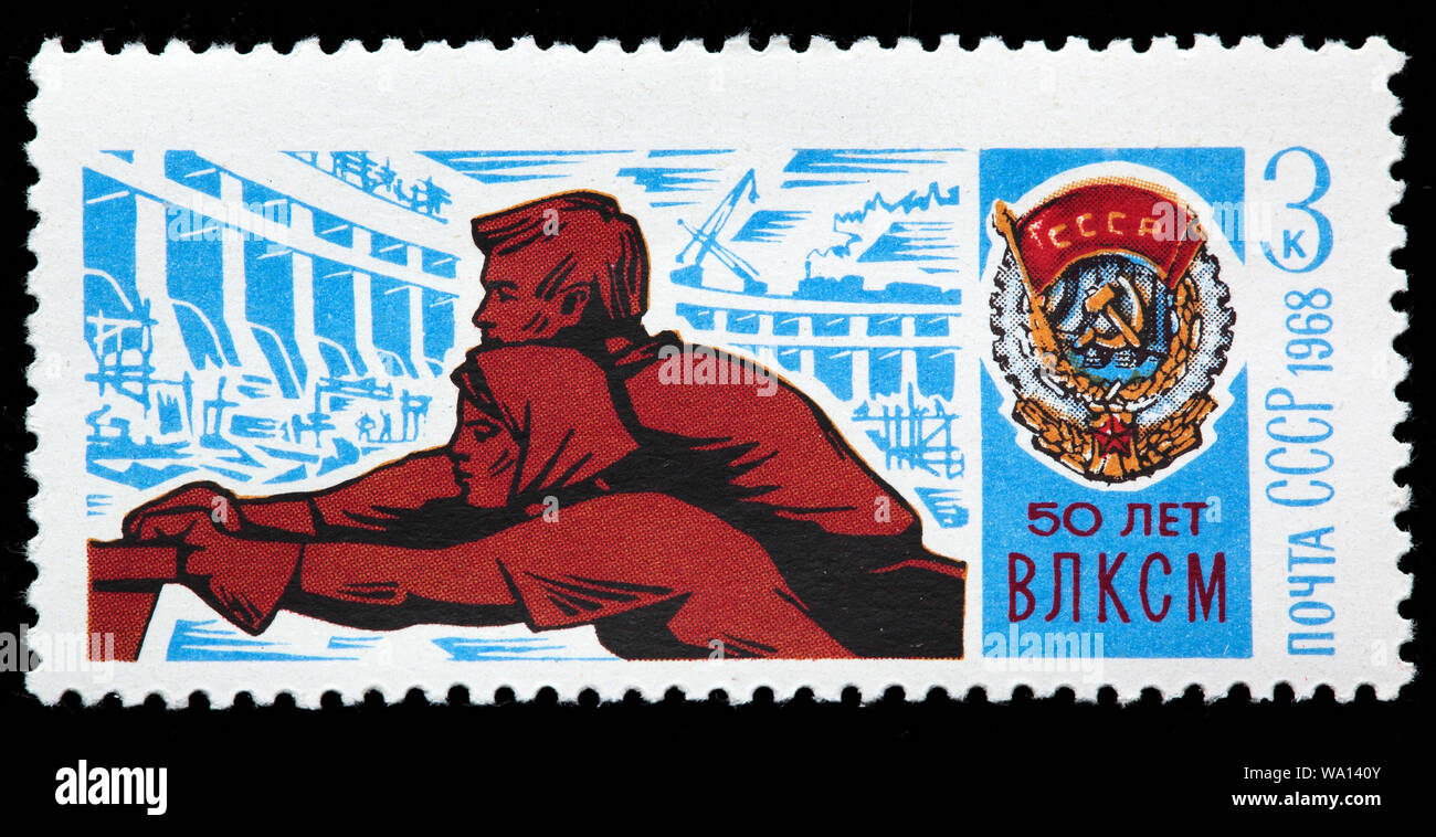 Dnieper Power Plant, Banner rosso ordine di lavoro, cinquantesimo anniversario del Komsomol, francobollo, Russia, URSS, 1968 Foto Stock