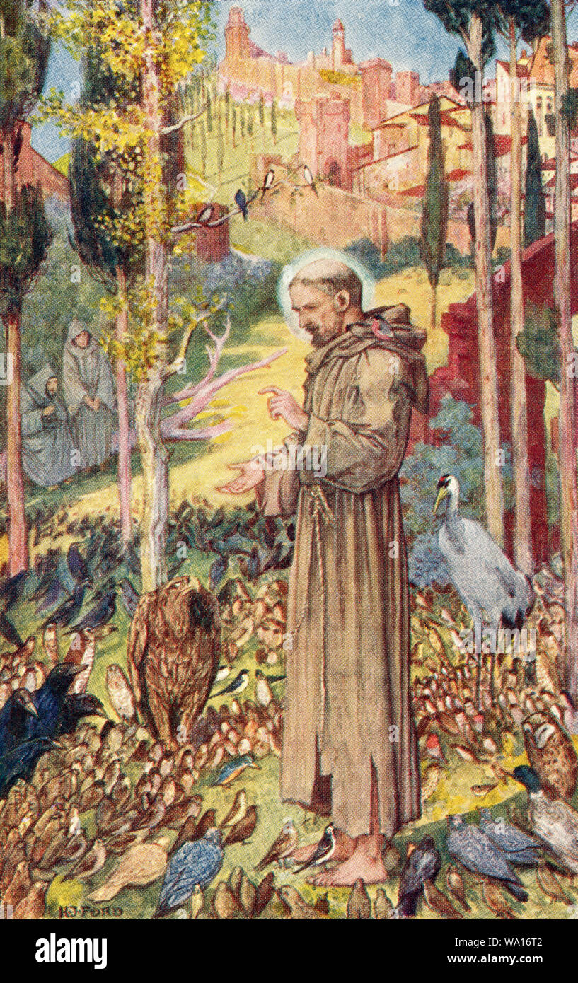 San Francesco predica agli uccelli. San Francesco di Assisi, nato Giovanni di Pietro di Bernardone, 1181/1182 - 1226. Cattolica italiana frate, diacono e predicatore. Dal libro di santi e di eroi, pubblicato 1912. Foto Stock