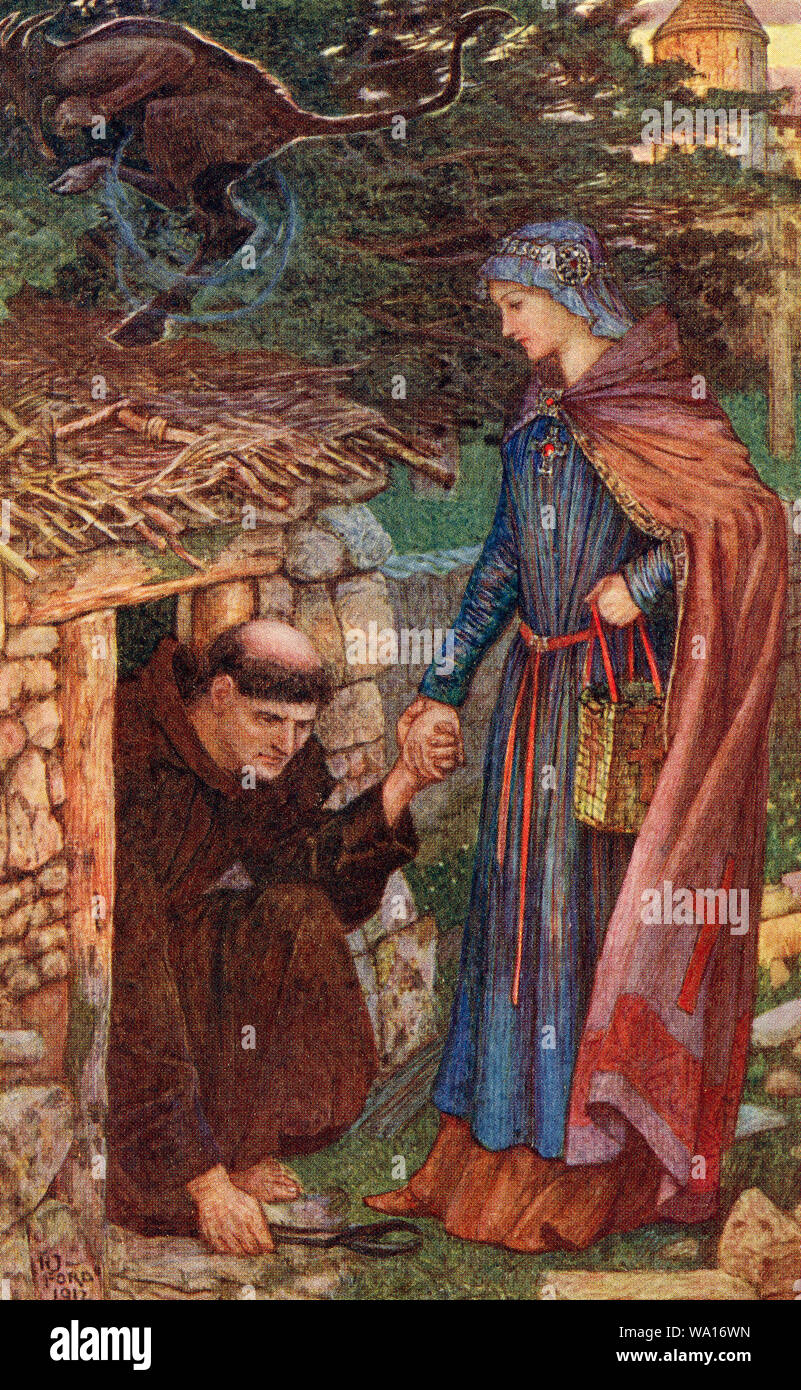 Dunstan, 909 - 988. Vescovo inglese e SAN. Una dama di corte di re Athelstan visto che Dunstan era in pericolo di perdere la sua mente dopo aver trascorso troppo tempo come un eremita nella sua cella lo persuase a lasciare. Dal libro di santi e di eroi, pubblicato 1912. Foto Stock