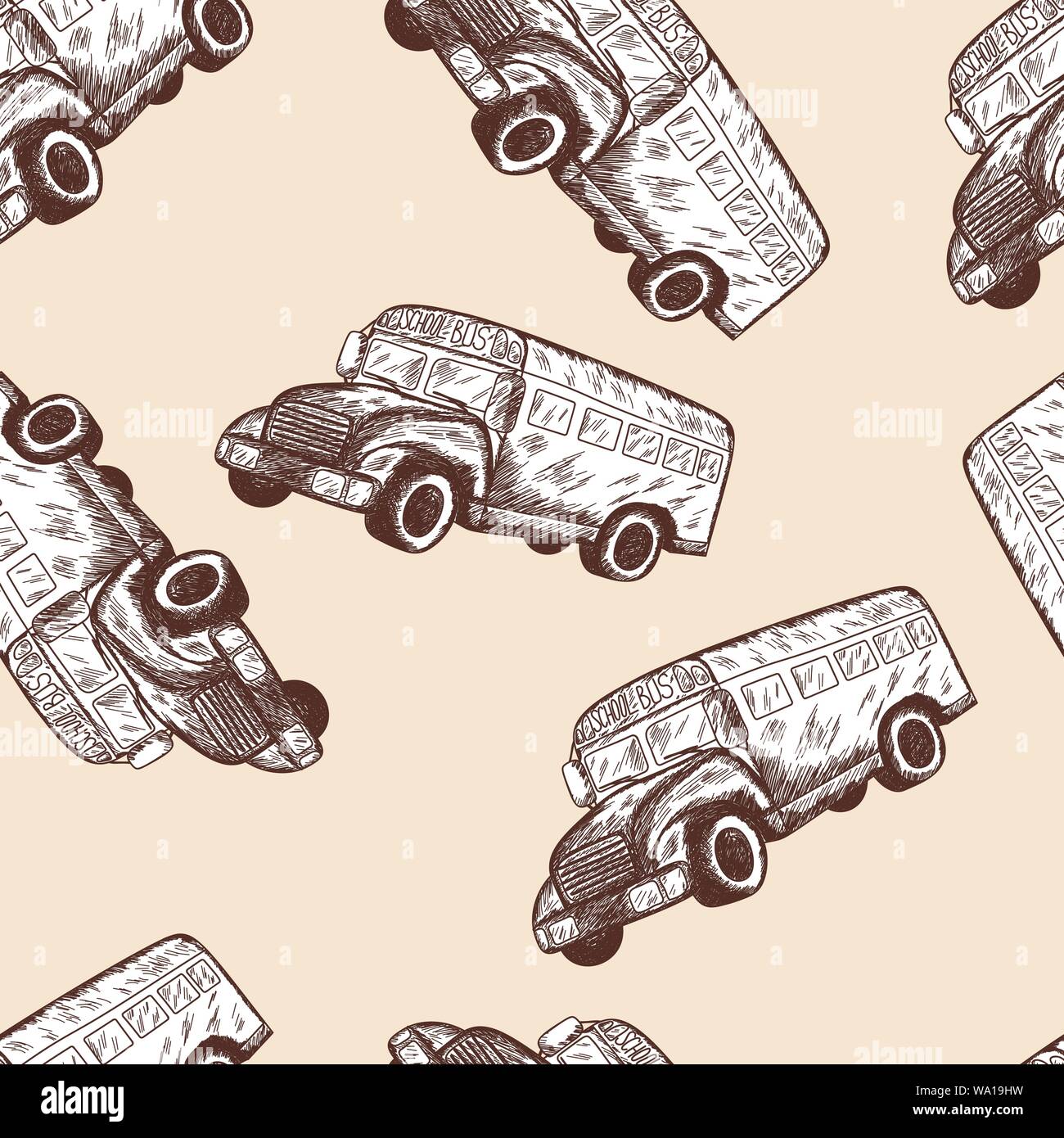 Scuola Buss seamless. Si torna a scuola schizzo Doodle Design. Illustrazione Vettoriale. Illustrazione Vettoriale