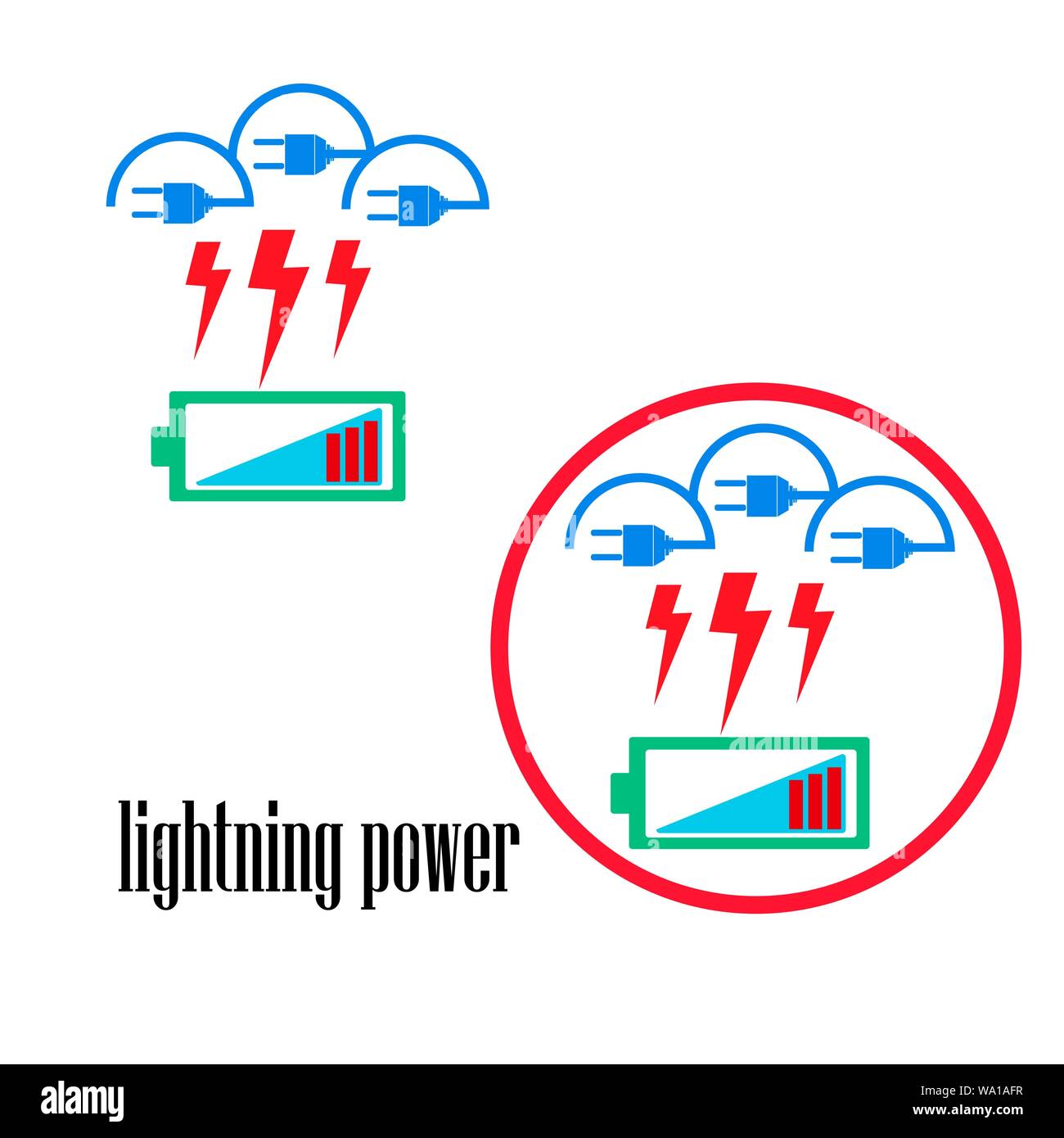 Luce elettrica, logo design elementi. Il concetto del simbolo dell'energia elettrica e il tuono. Un fulmine da nuvole e le batterie. Vettore emblema em Illustrazione Vettoriale