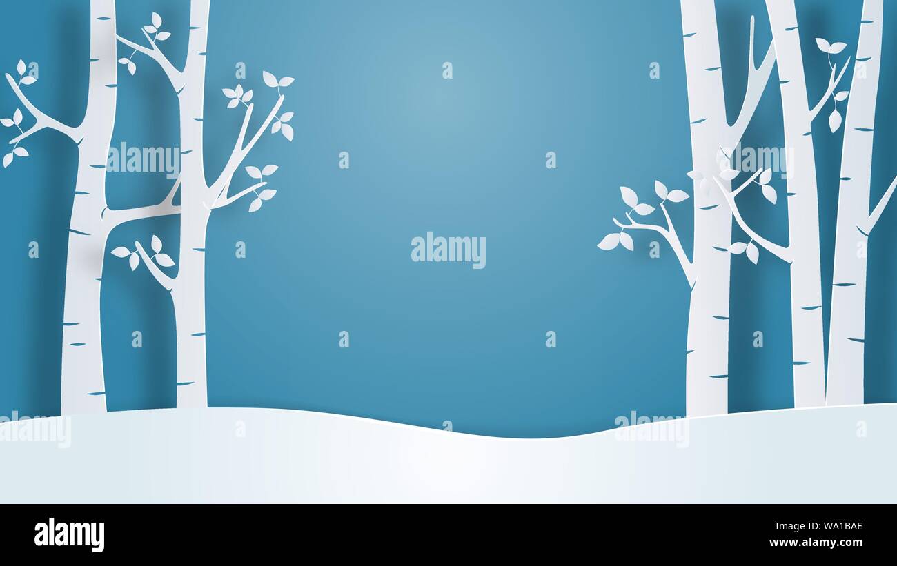 Paesaggio invernale visualizzare lo sfondo in carta tagliata stile. Illustrazione Vettoriale con campo di neve e albero nella foresta. Design per poster, sfondo, sfondo, b Illustrazione Vettoriale