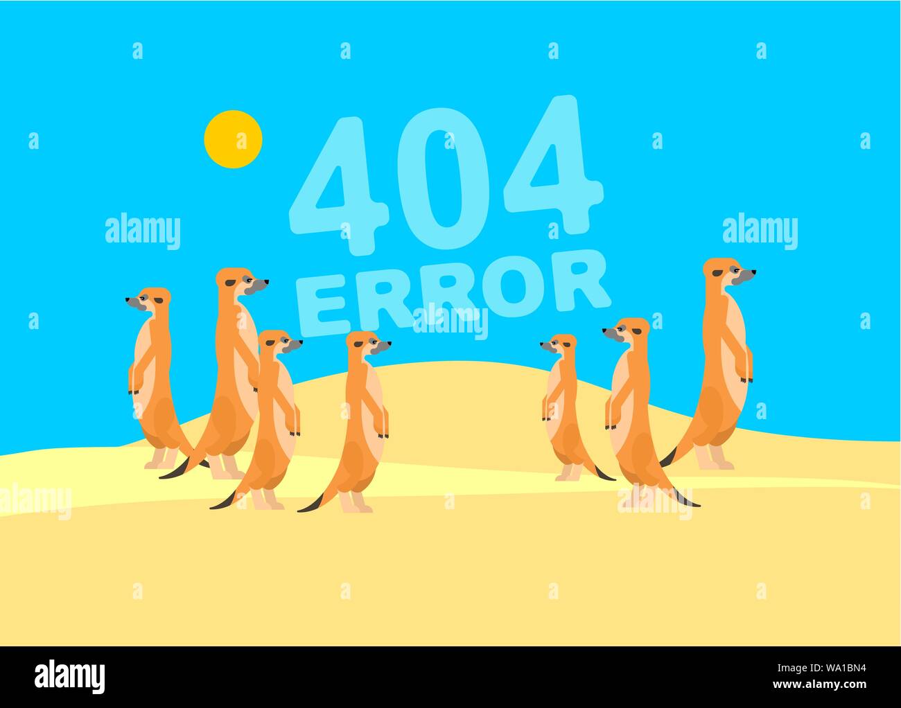 Pagina di errore 404 e Meerkats nel deserto. Famiglia di meerkat stand e attendere. La mangusta piccolo segno. Pagina Web non trovata. illustrazione vettoriale Illustrazione Vettoriale