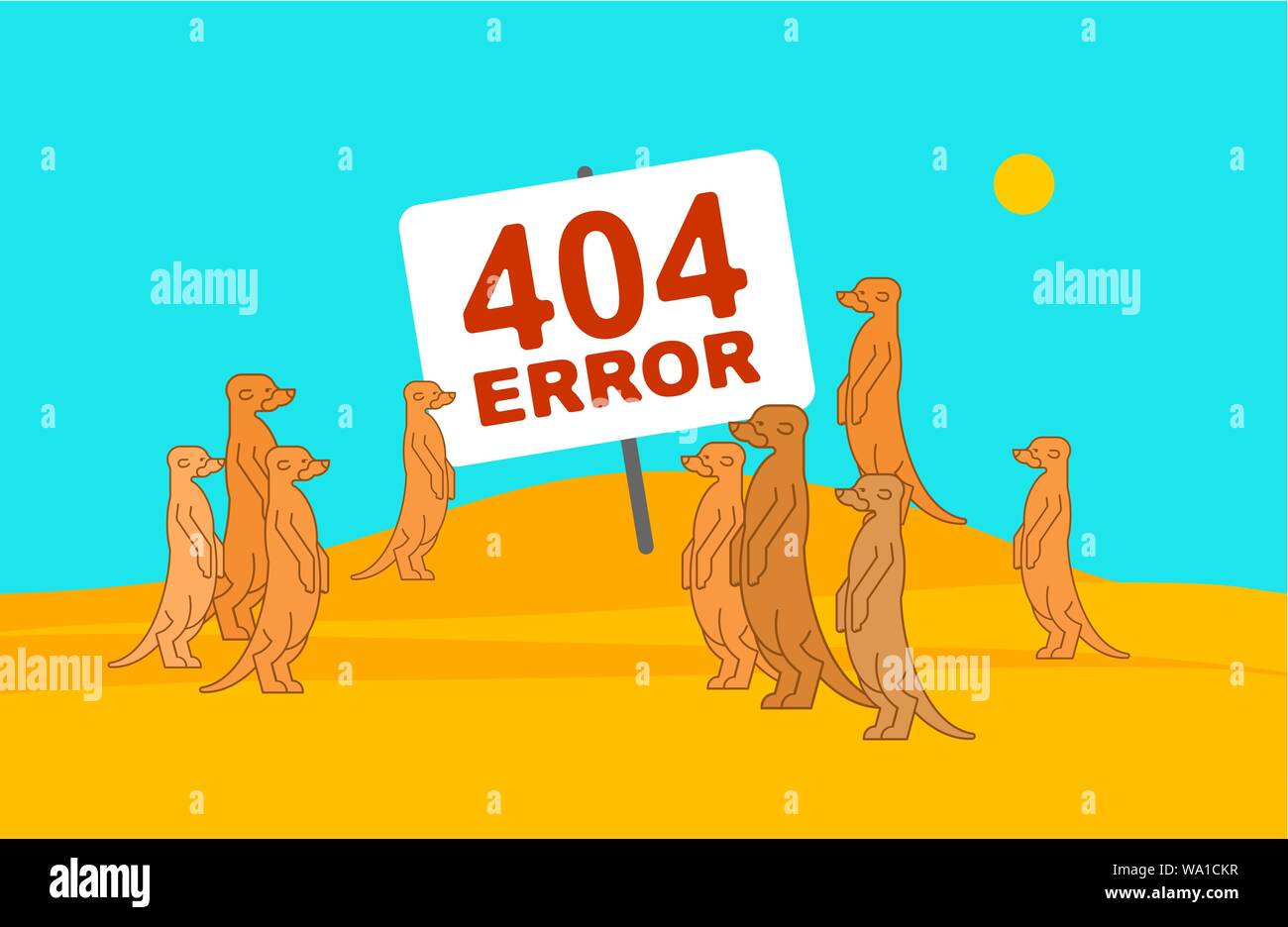 Pagina di errore 404 e Meerkats nel deserto. Famiglia di meerkat stand e attendere. La mangusta piccolo segno. Pagina Web non trovata. illustrazione vettoriale Illustrazione Vettoriale