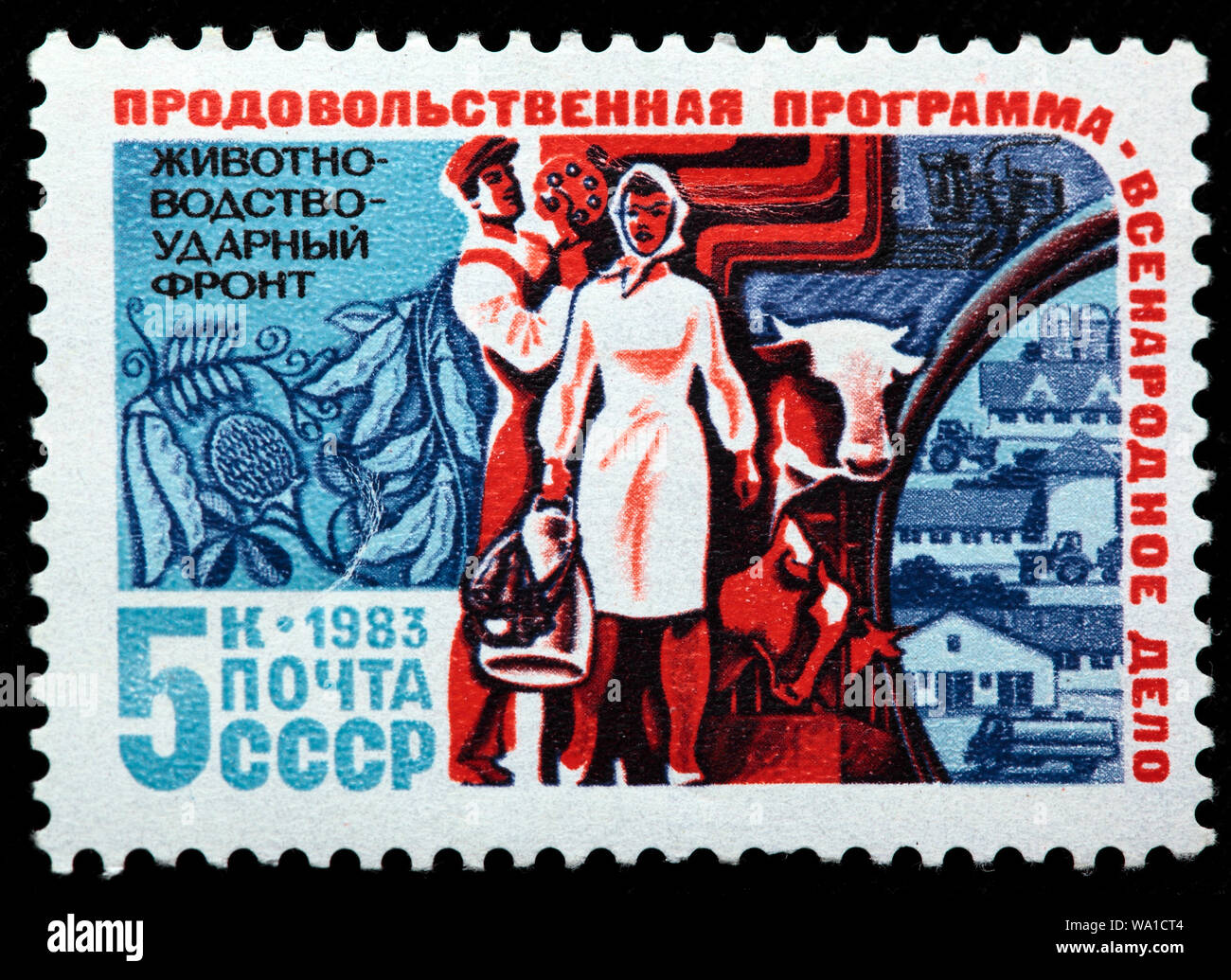 Allevamento di bovini, programma alimentare, agricoltura, francobollo, Russia, URSS, 1983 Foto Stock