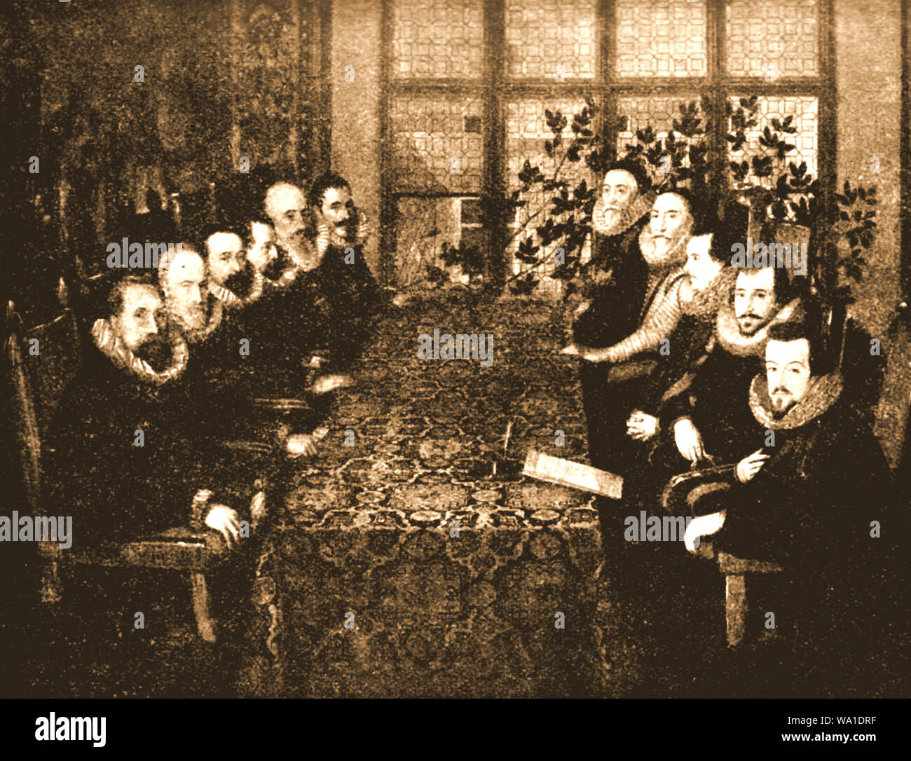 La Somerset House Conference (Trattato di Londra - 1604) tra il re Giacomo i rappresentanti di governo e le loro controparti in spagnolo Foto Stock