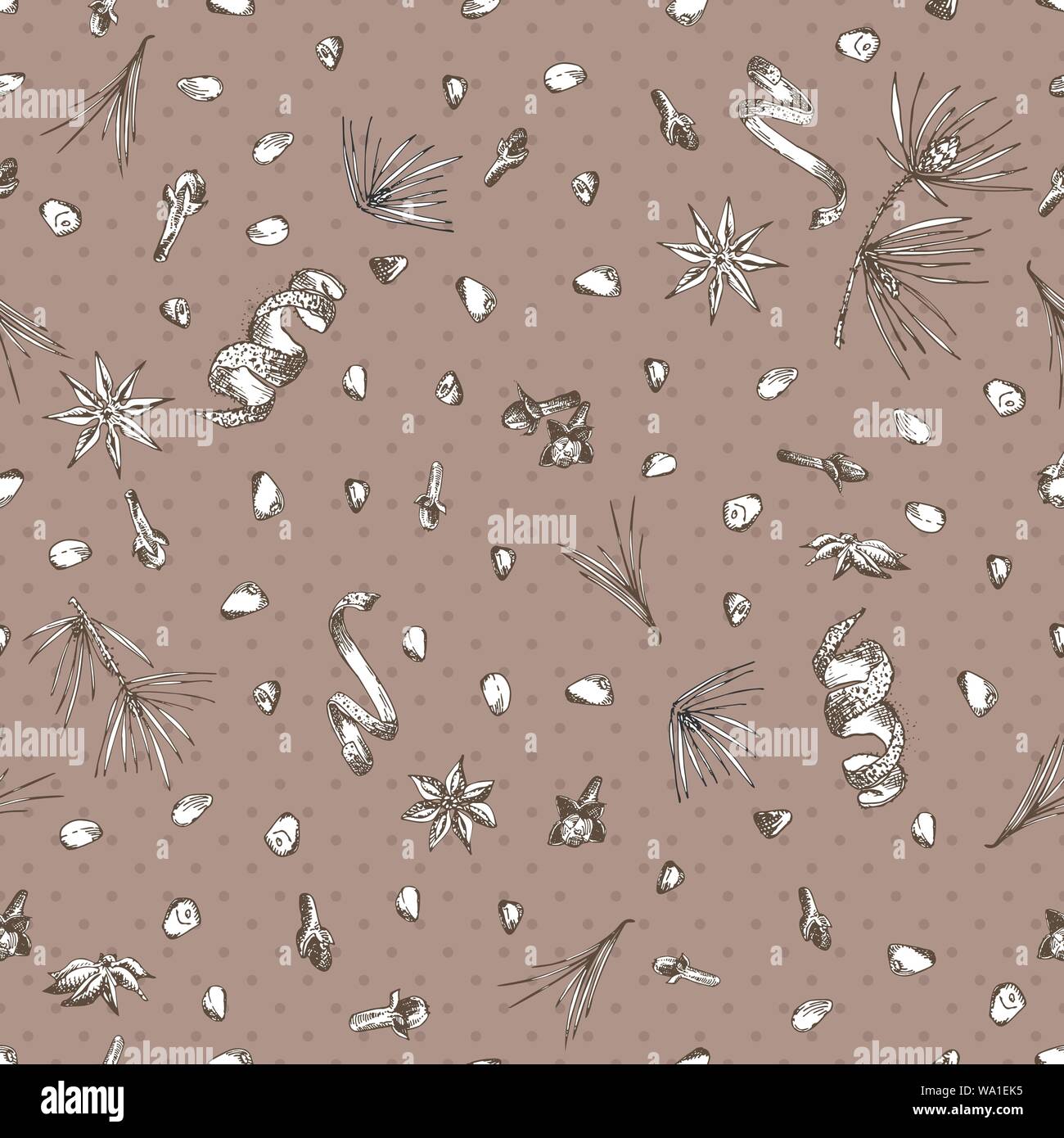 Modello senza cuciture con disegnati a mano inverno Natale spezie, fettine di arancia, pera, mela, rosmarino. Una buona idea per templates menu, ricette, biglietti d'auguri. Illustrazione Vettoriale