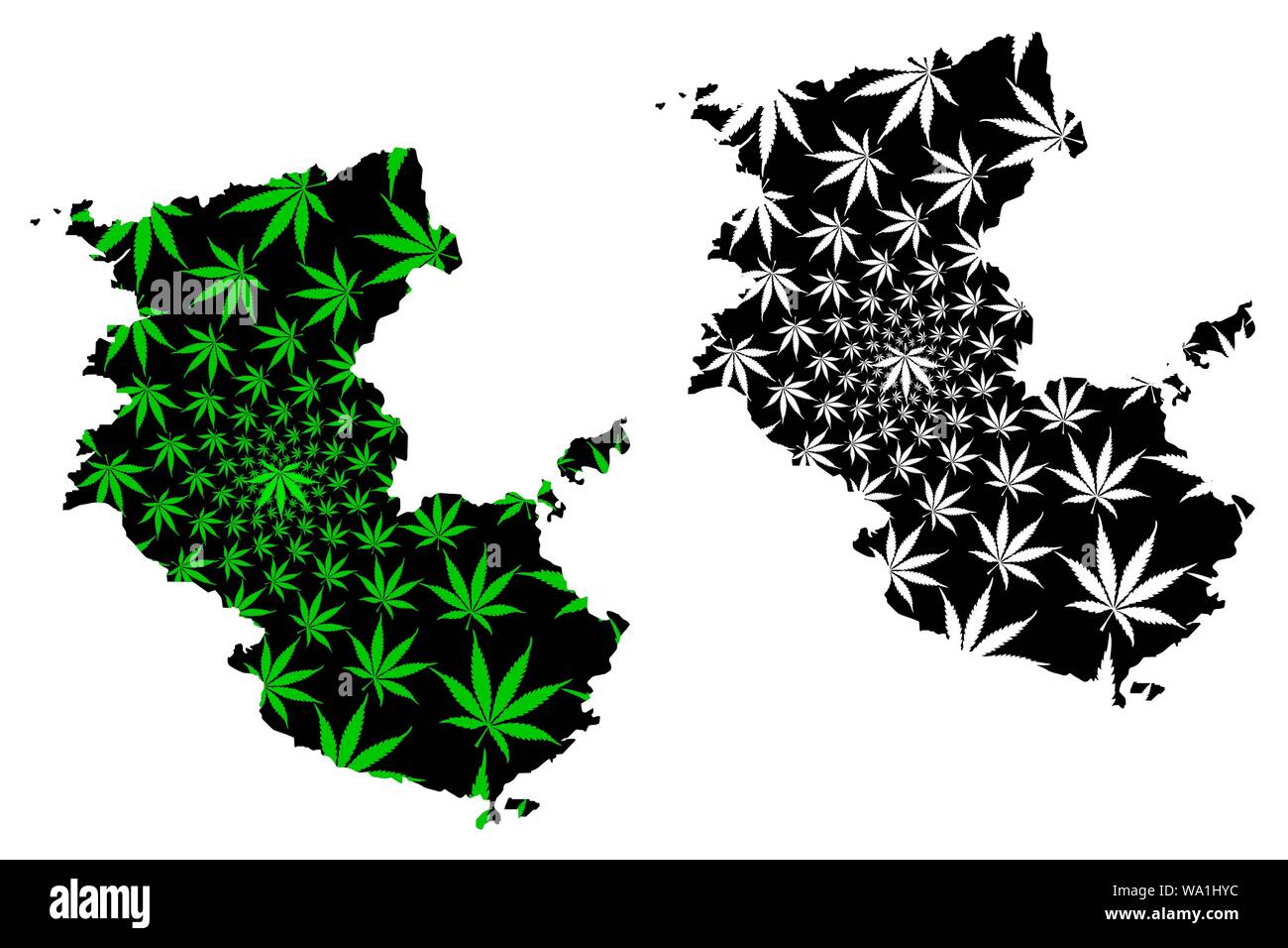 Wakayama Prefettura (divisioni amministrative del Giappone, Prefetture del Giappone) mappa è progettato Cannabis leaf verde e nero, Wakayama mappa fatta di mari Illustrazione Vettoriale