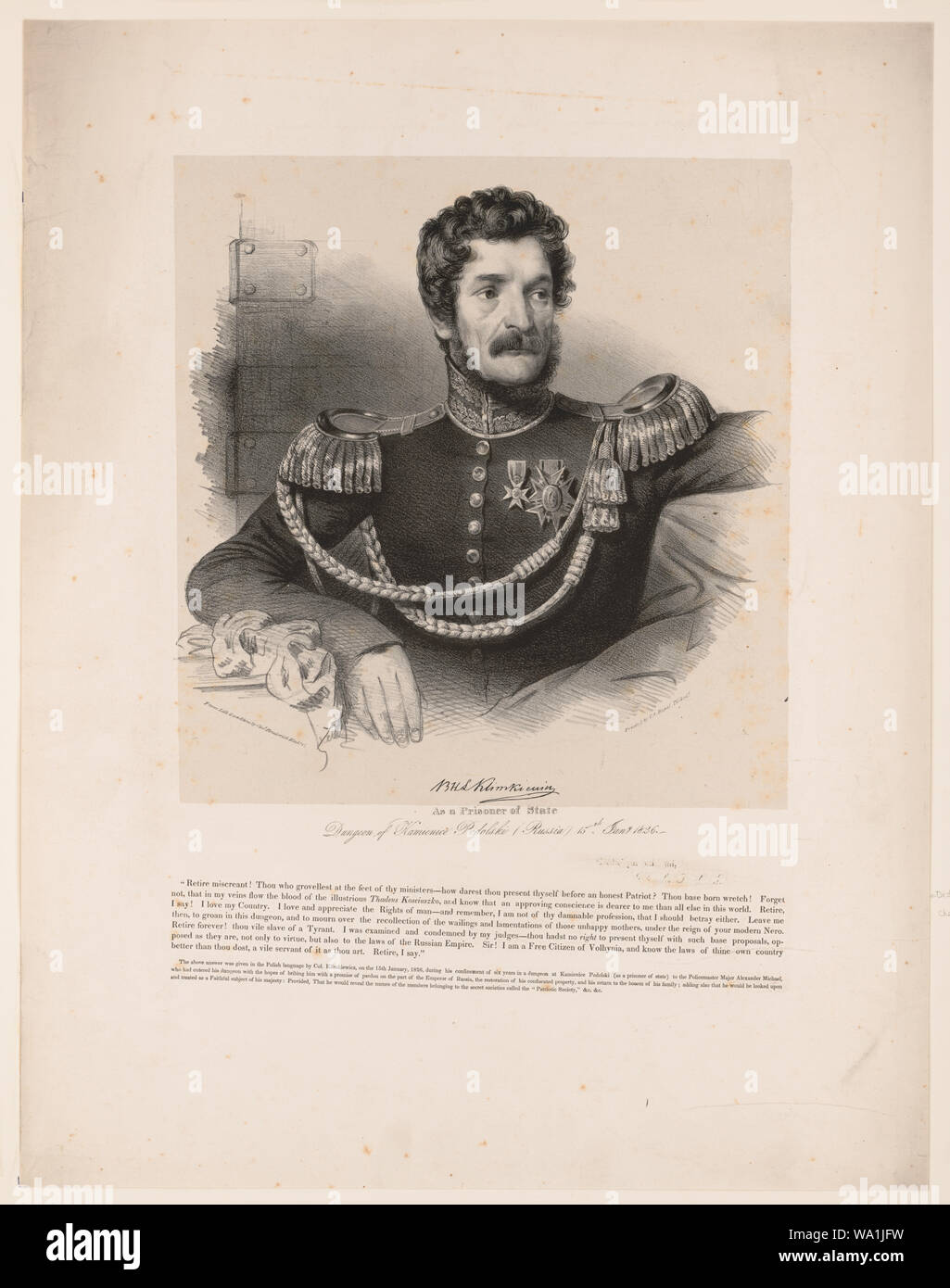 B.H.L. Klimkiewicz come un prigioniero di stato. Dungeon di Kamienice Podolski (Russia) XV Jany. 1826 / dalla vita & su pietra da Chas. Fenderich Washn. Città. Foto Stock