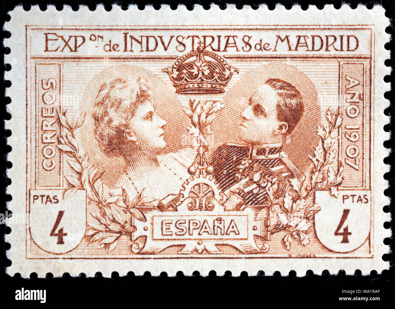 Il re Alfonso XIII di Spagna e di sua moglie Victoria Eugenia di Battenberg, francobollo, Spagna, 1907 Foto Stock
