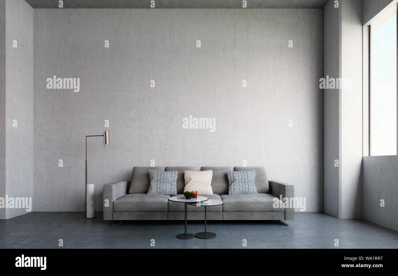 Grande open capannone industriale con pareti in calcestruzzo, il pavimento e il soffitto. Modello con divano, tavolino, lampada e lo spazio al di sopra del testo. Il rendering 3d, 3d illustra Foto Stock