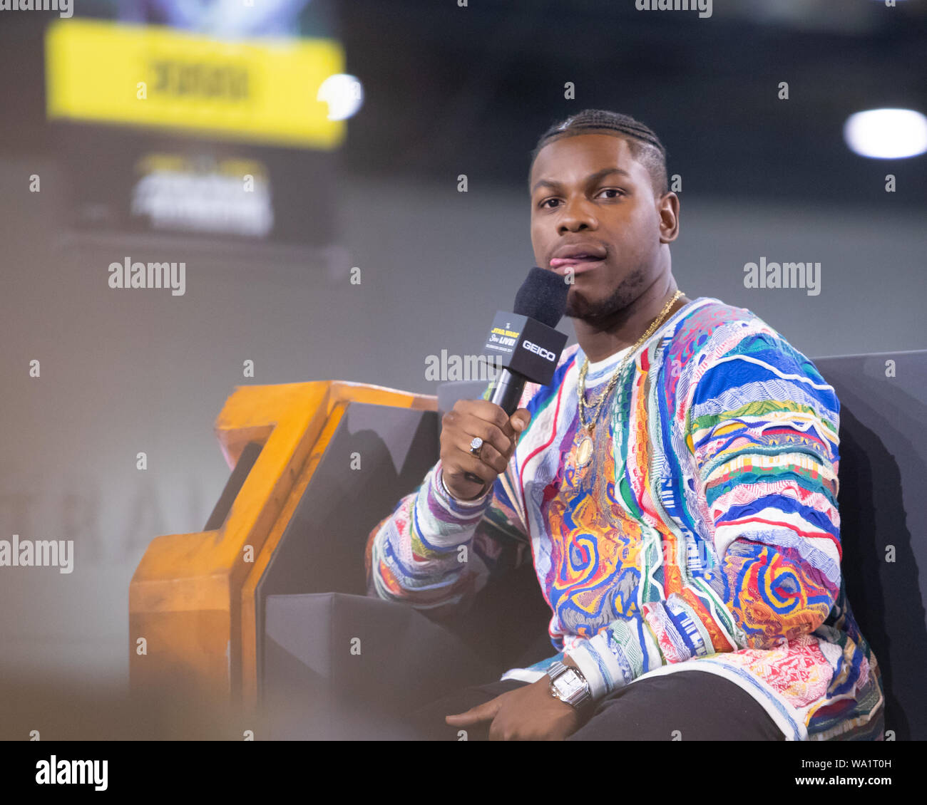 John Boyega intervistata sulla Star Wars visualizza sulla Star Wars visualizza il 12 aprile 2019 a Star Wars Celebration in Chicago Foto Stock