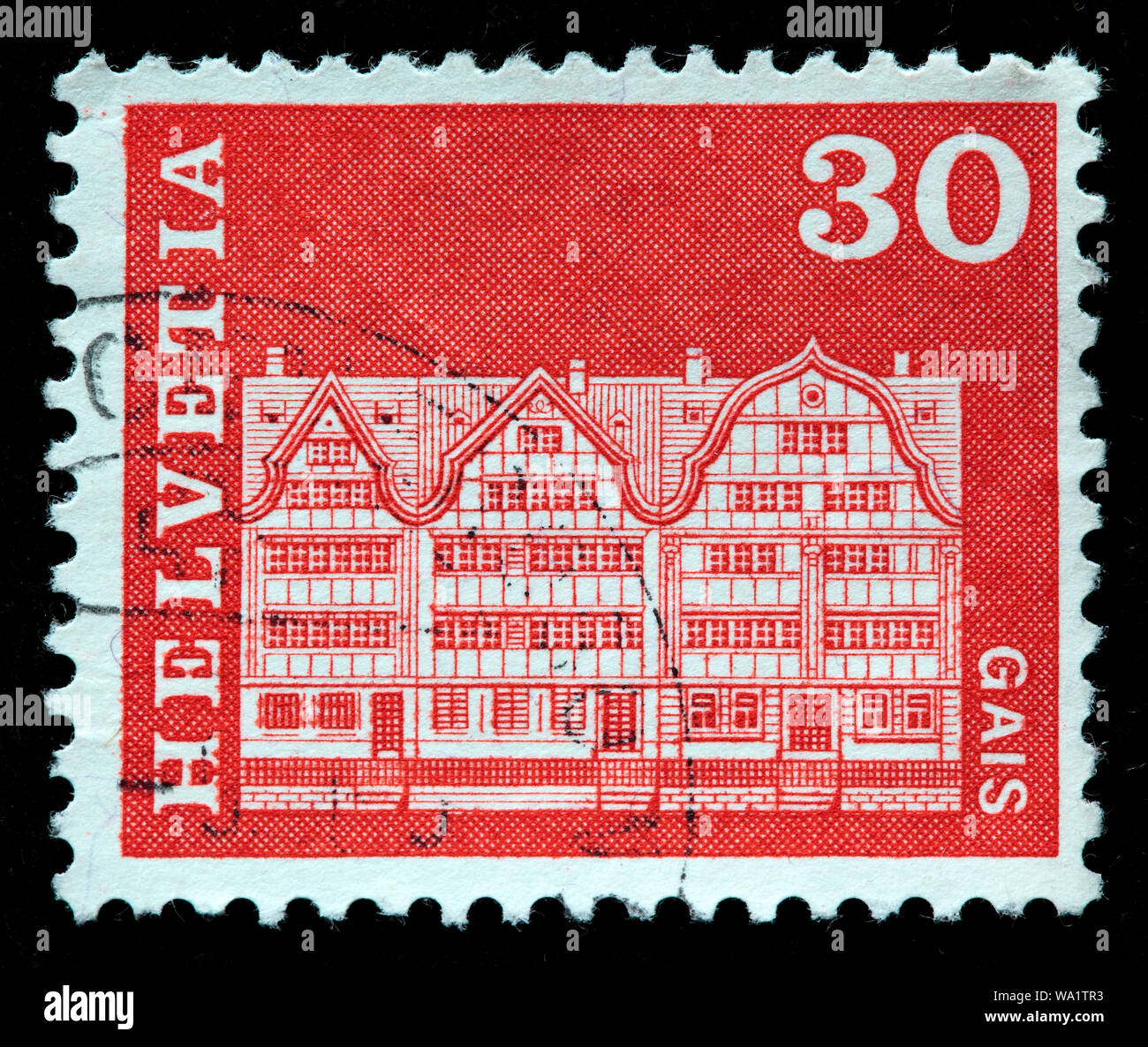 Piazza del villaggio di case, Gais, Appenzello Esterno, francobollo, Svizzera, 1968 Foto Stock