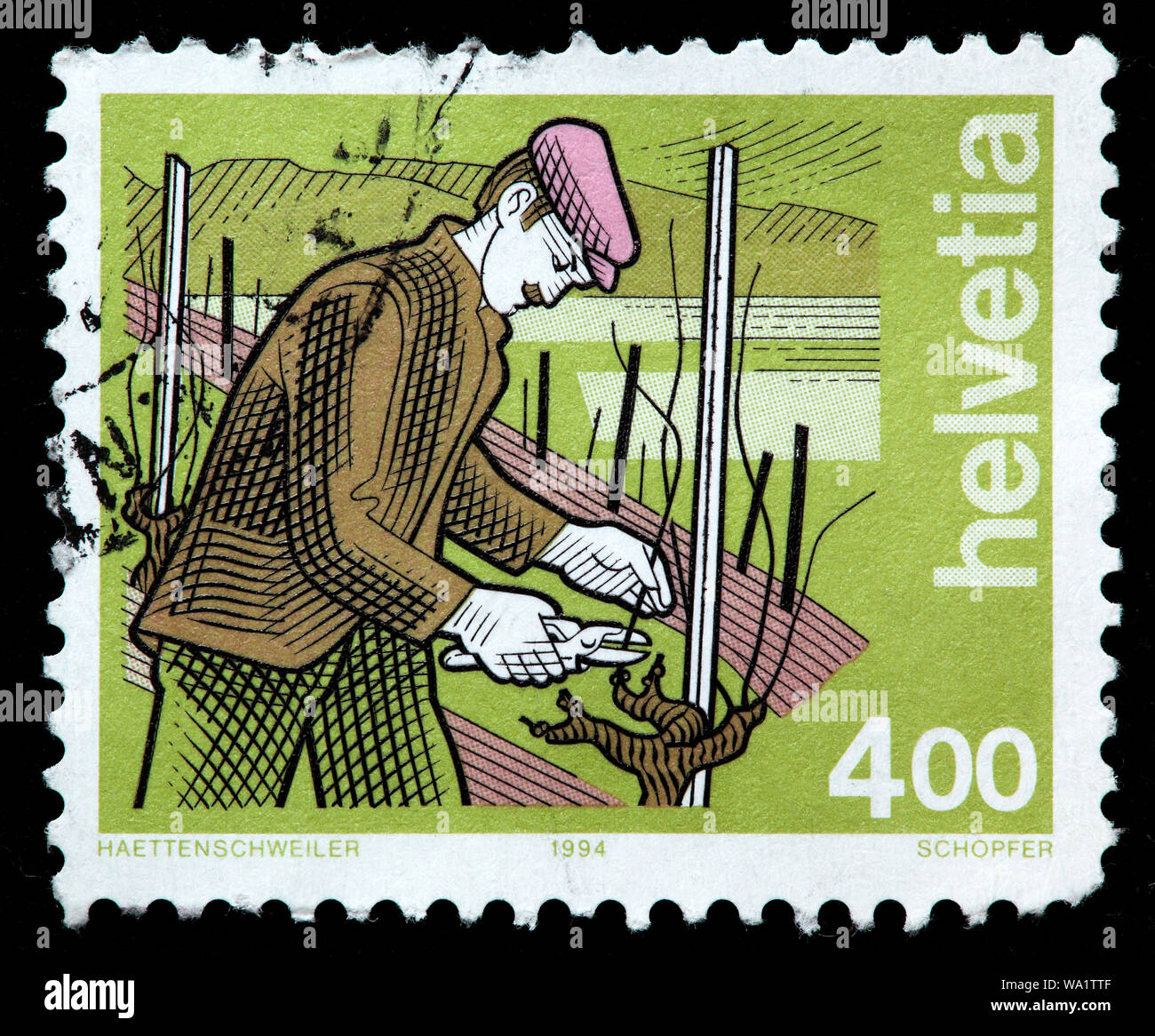 La viticoltura, viticoltura, viticoltore, francobollo, Svizzera, 1994 Foto Stock