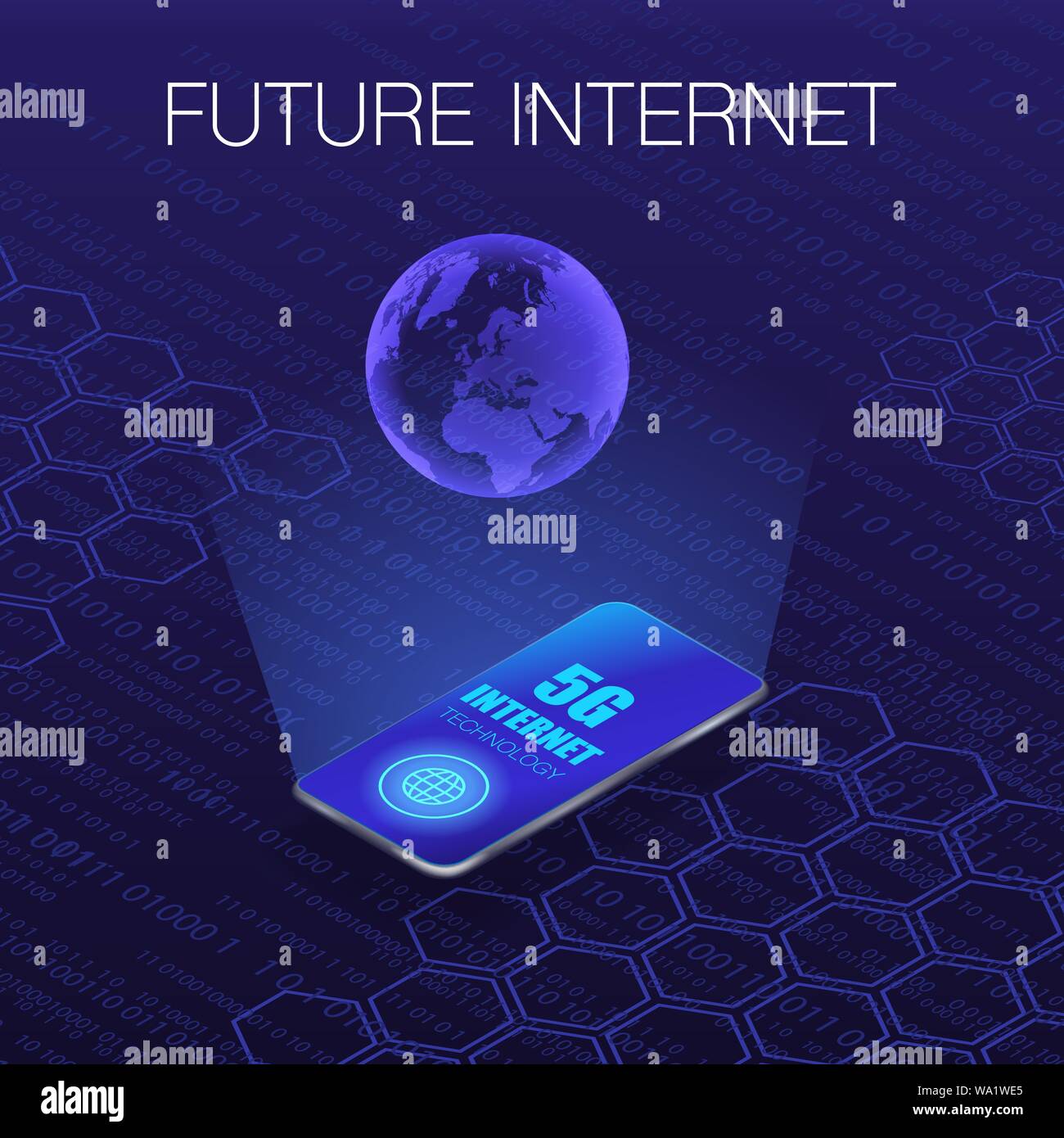 Abstract sfondo blu scuro con telefono, globo terrestre e il futuro di internet Illustrazione Vettoriale