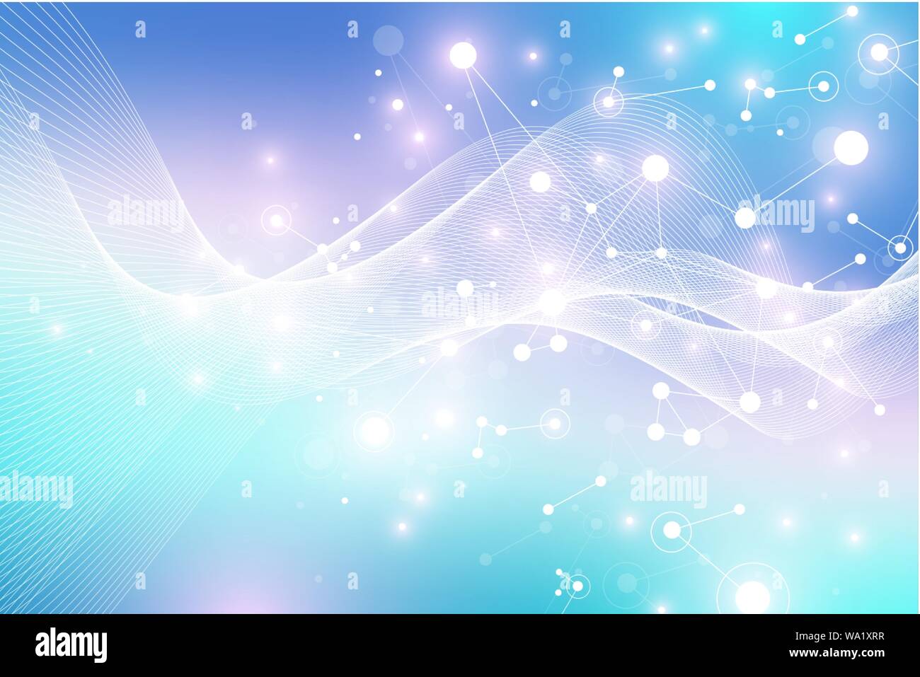 Espansione della vita. Esplosione colorata lo sfondo con la linea collegata e puntini, flusso d'onda. Visualizzazione tecnologia quantistica. Abstract backgroun grafica Illustrazione Vettoriale