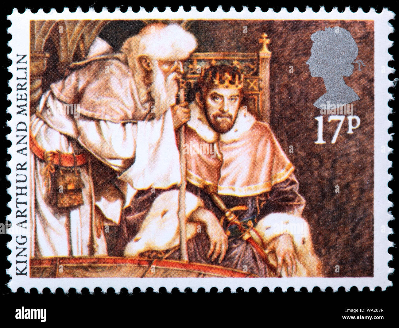 King Arthur e Merlin, leggenda arturiana, francobollo, UK, 1985 Foto Stock
