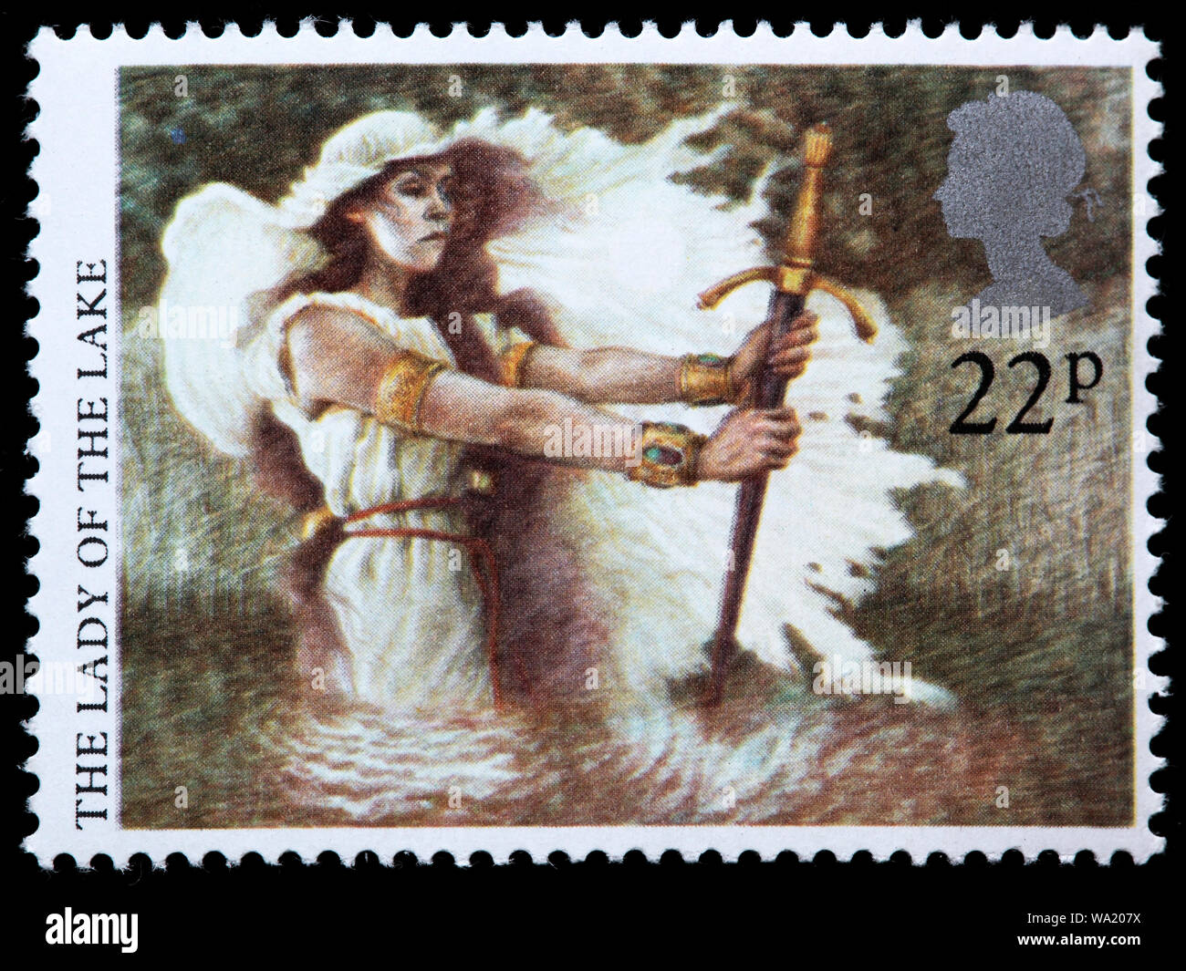 Signora del Lago, leggenda arturiana, francobollo, UK, 1985 Foto Stock