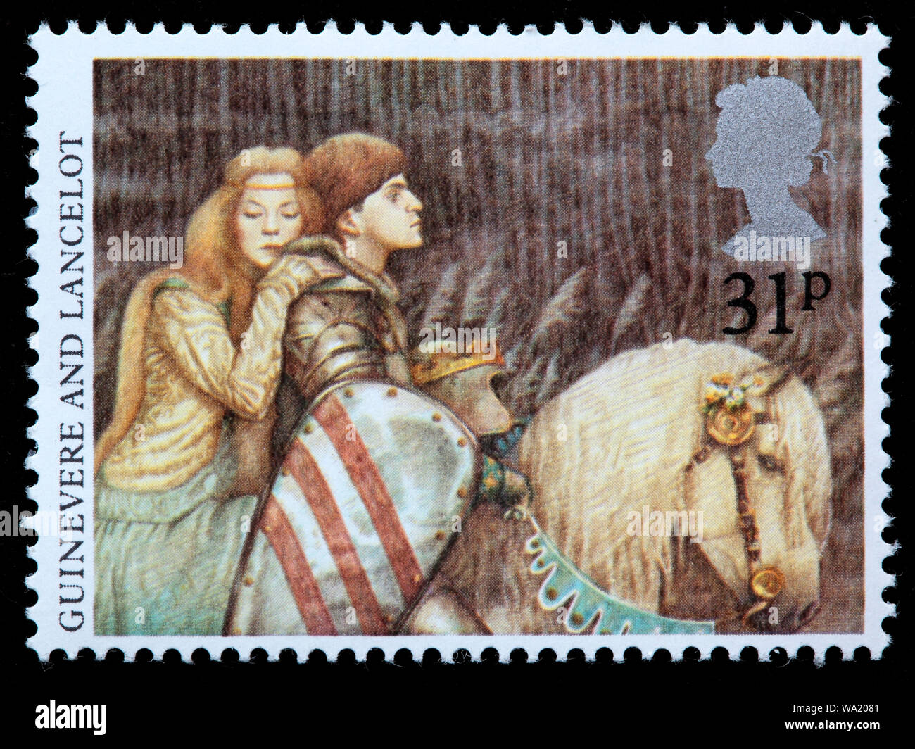 Queen Guinevere e Sir Lancelot, leggenda arturiana, francobollo, UK, 1985 Foto Stock