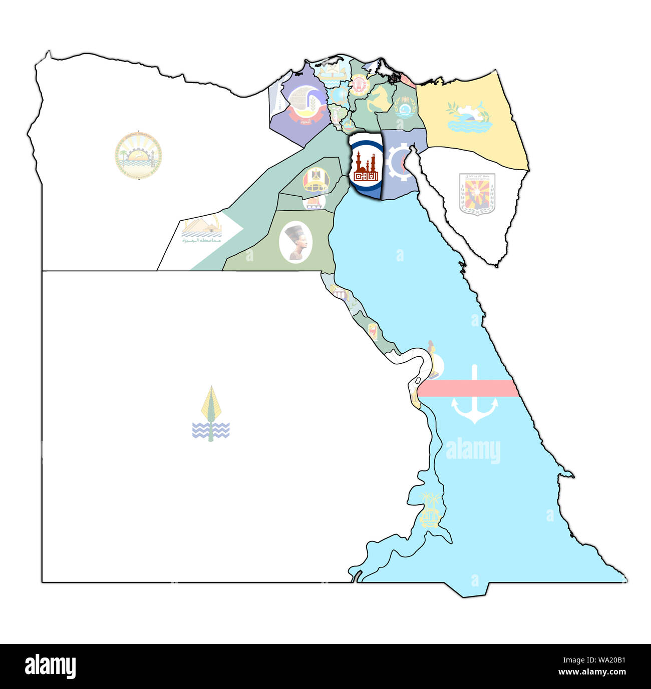 Territorio del Cairo e bandiera sulla mappa di divisioni amministrative di Egitto con confini di Governorates Foto Stock