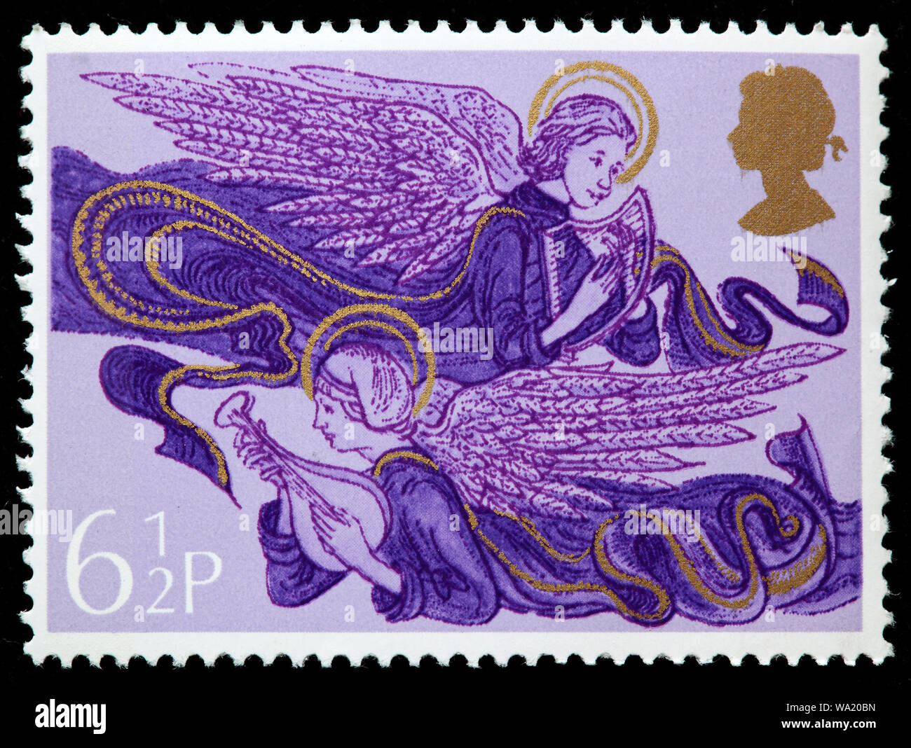 Angeli con arpa e liuto, Felice Natale, francobollo, UK, 1975 Foto Stock