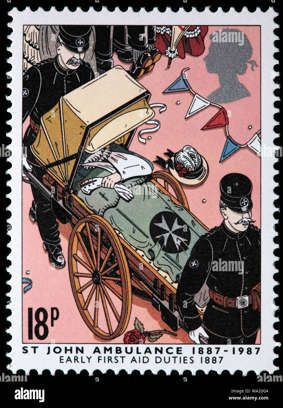 St. Johns Ambulance Brigade, inizio primo aiuto compiti, 1887, francobolli, UK, 1987 Foto Stock