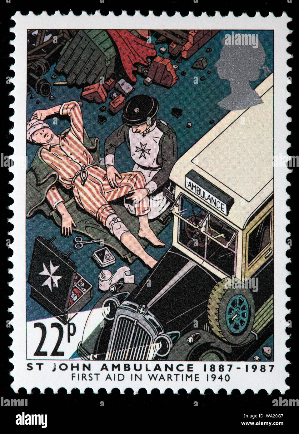 St. Johns Ambulance Brigade, primo aiuto in tempo di guerra, 1940, francobolli, UK, 1987 Foto Stock