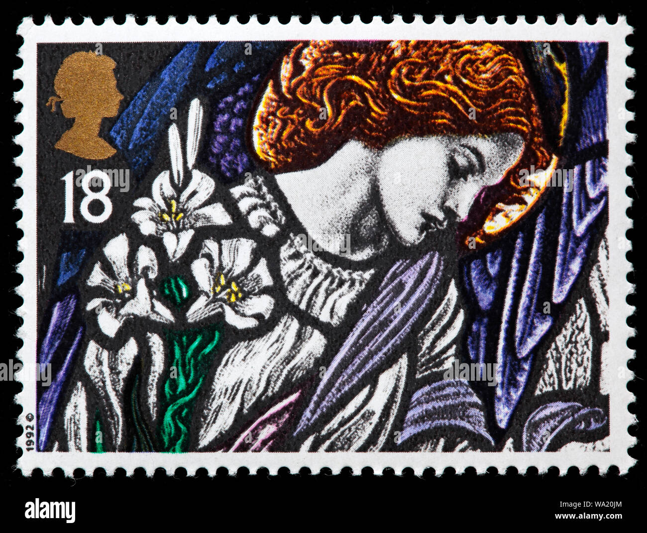 Angelo Gabriele, Vetrata, Felice Natale, francobollo, UK, 1992 Foto Stock