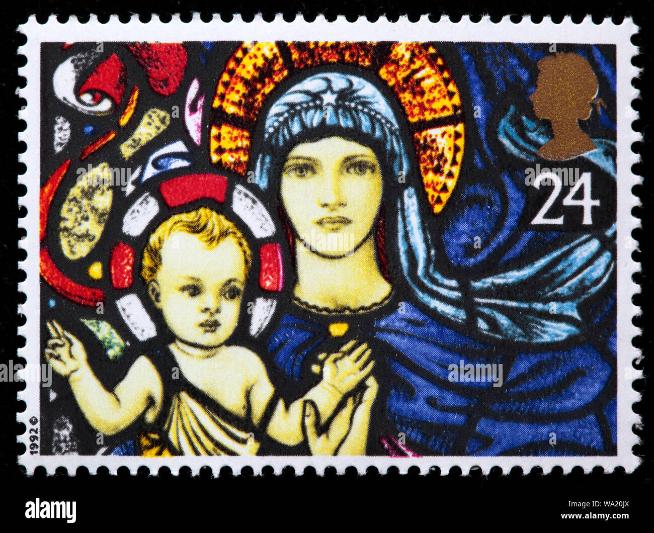 La Madonna e il Bambino, Vetrata, Felice Natale, francobollo, UK, 1992 Foto Stock