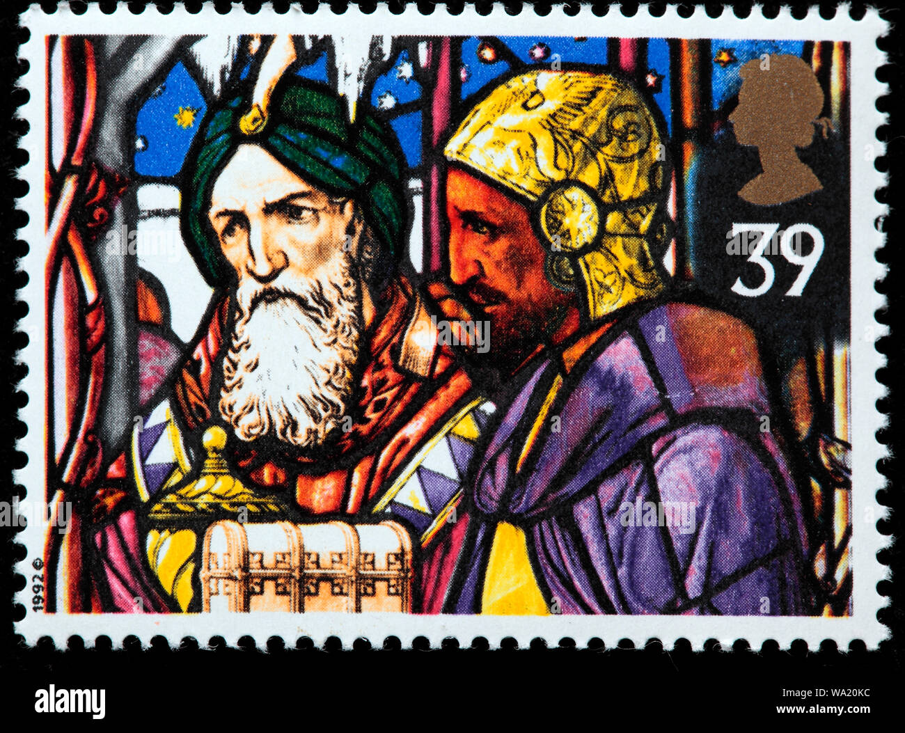 Kings offrendo incenso e mirra, Vetrata, Felice Natale, francobollo, UK, 1992 Foto Stock