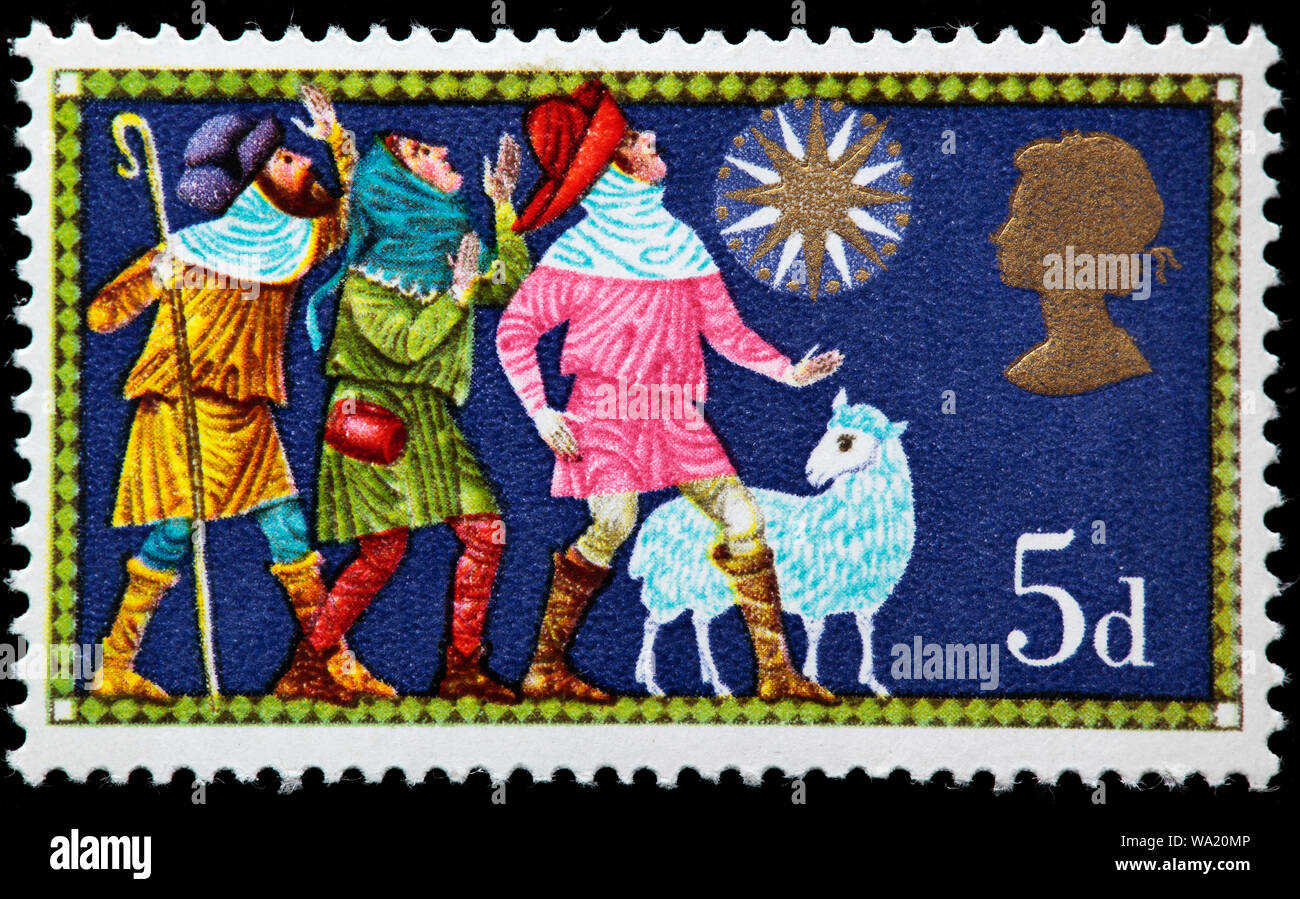 I tre pastorelli, Felice Natale, francobollo, UK, 1969 Foto Stock