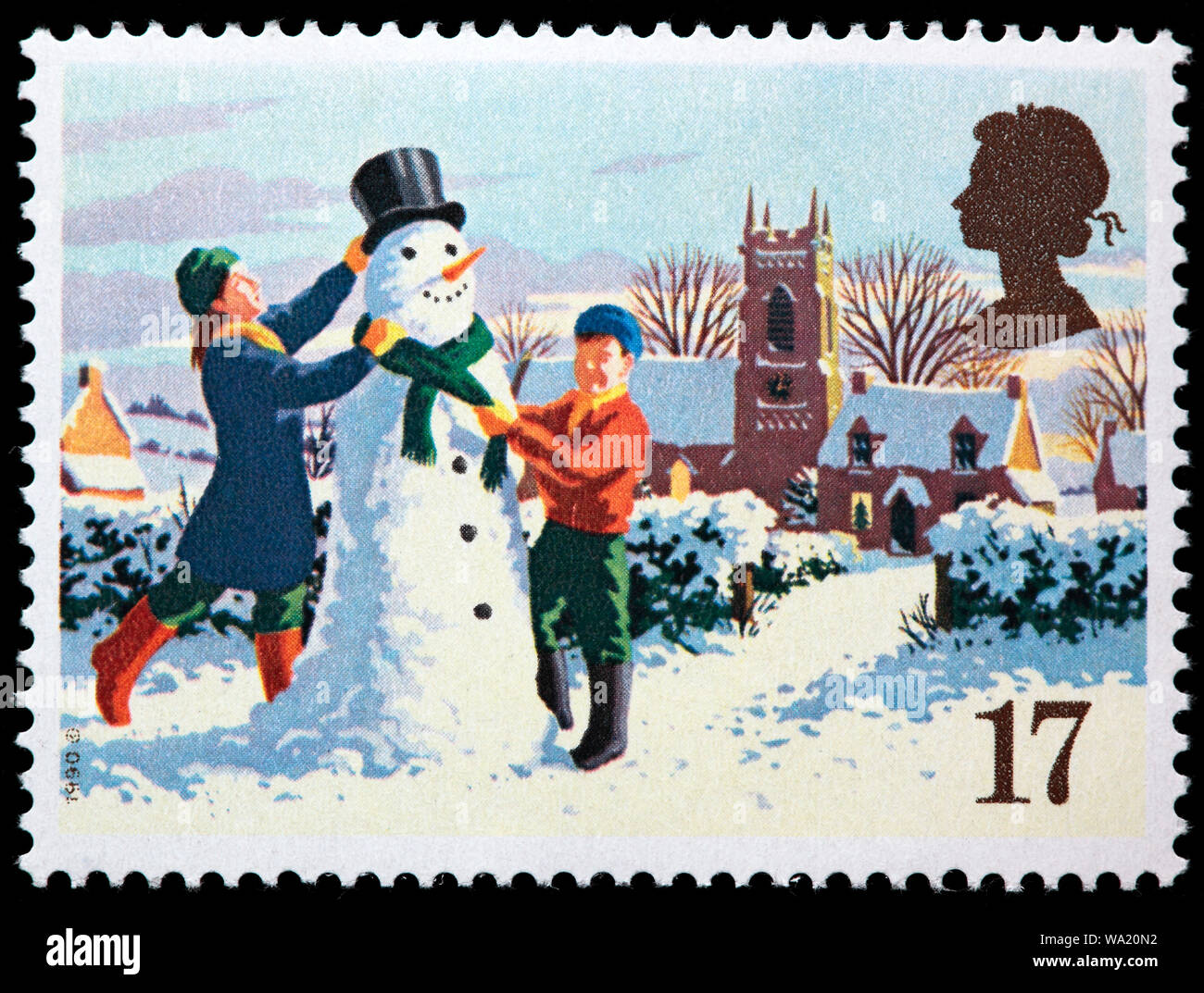 Costruire un pupazzo di neve, Felice Natale, francobollo, UK, 1990 Foto Stock