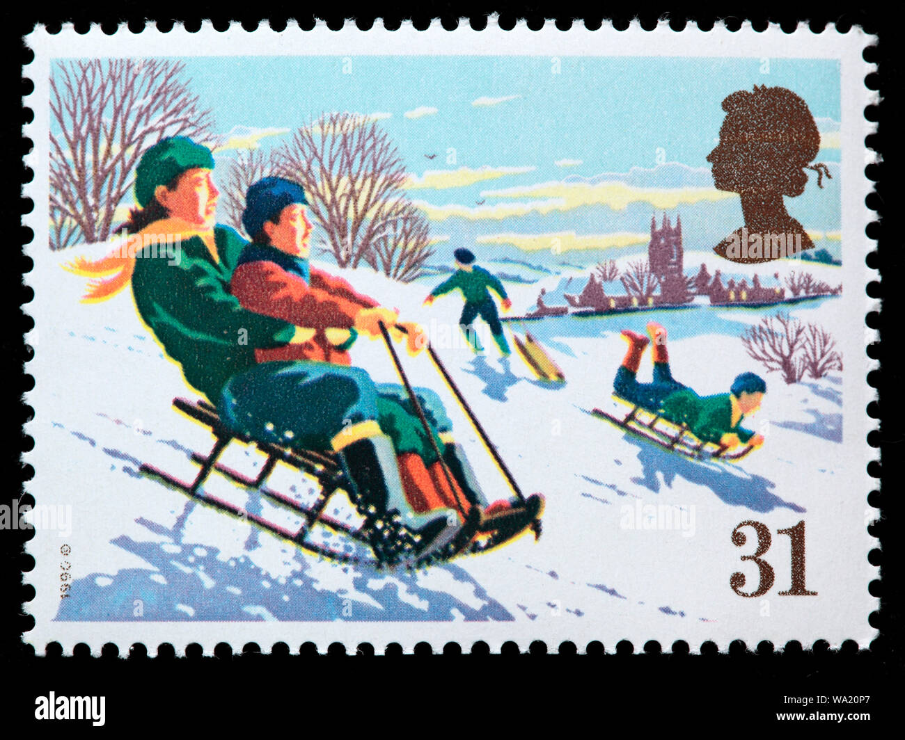 Slittino, Felice Natale, francobollo, UK, 1990 Foto Stock