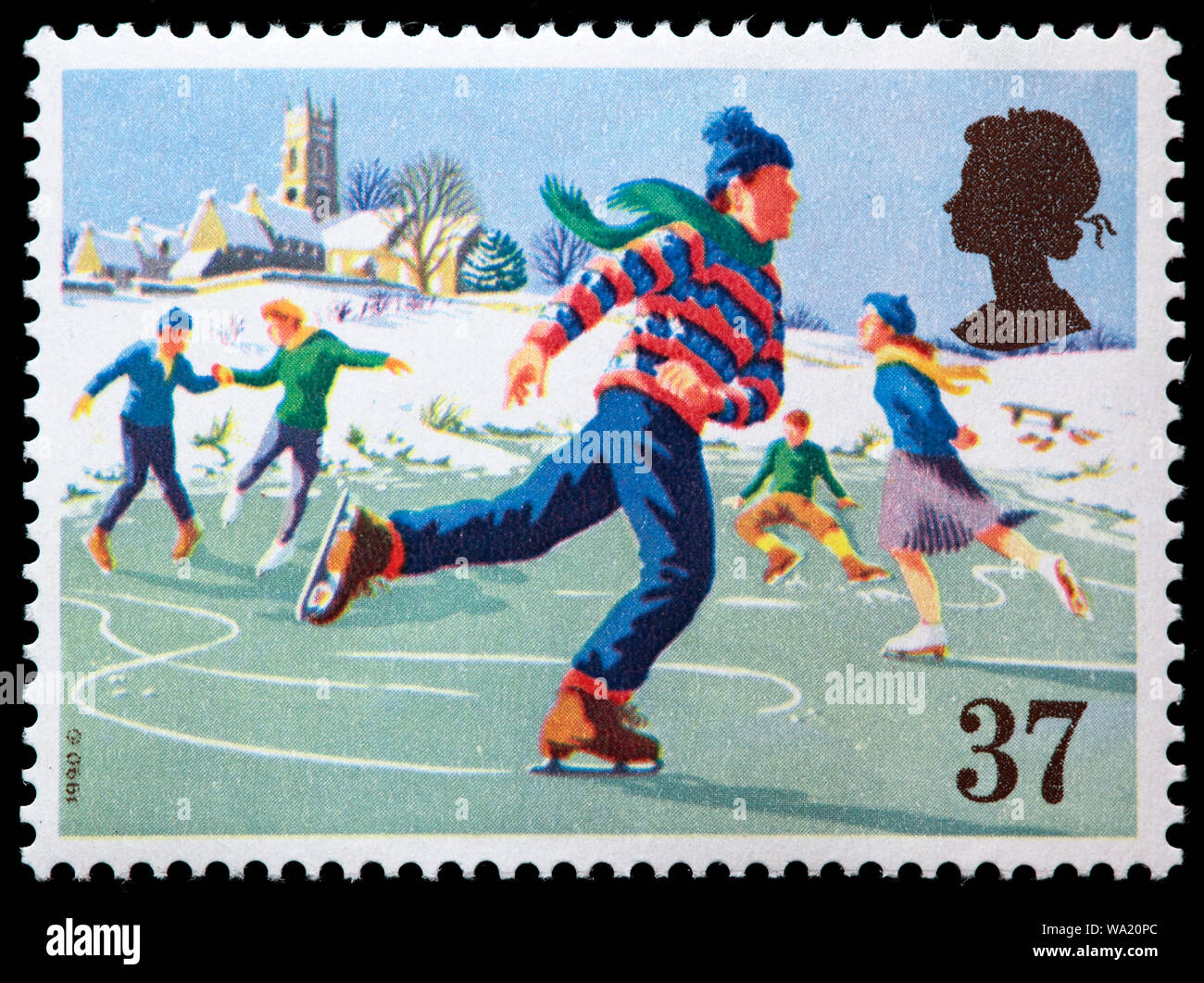 Pattinaggio su ghiaccio, Felice Natale, francobollo, UK, 1990 Foto Stock