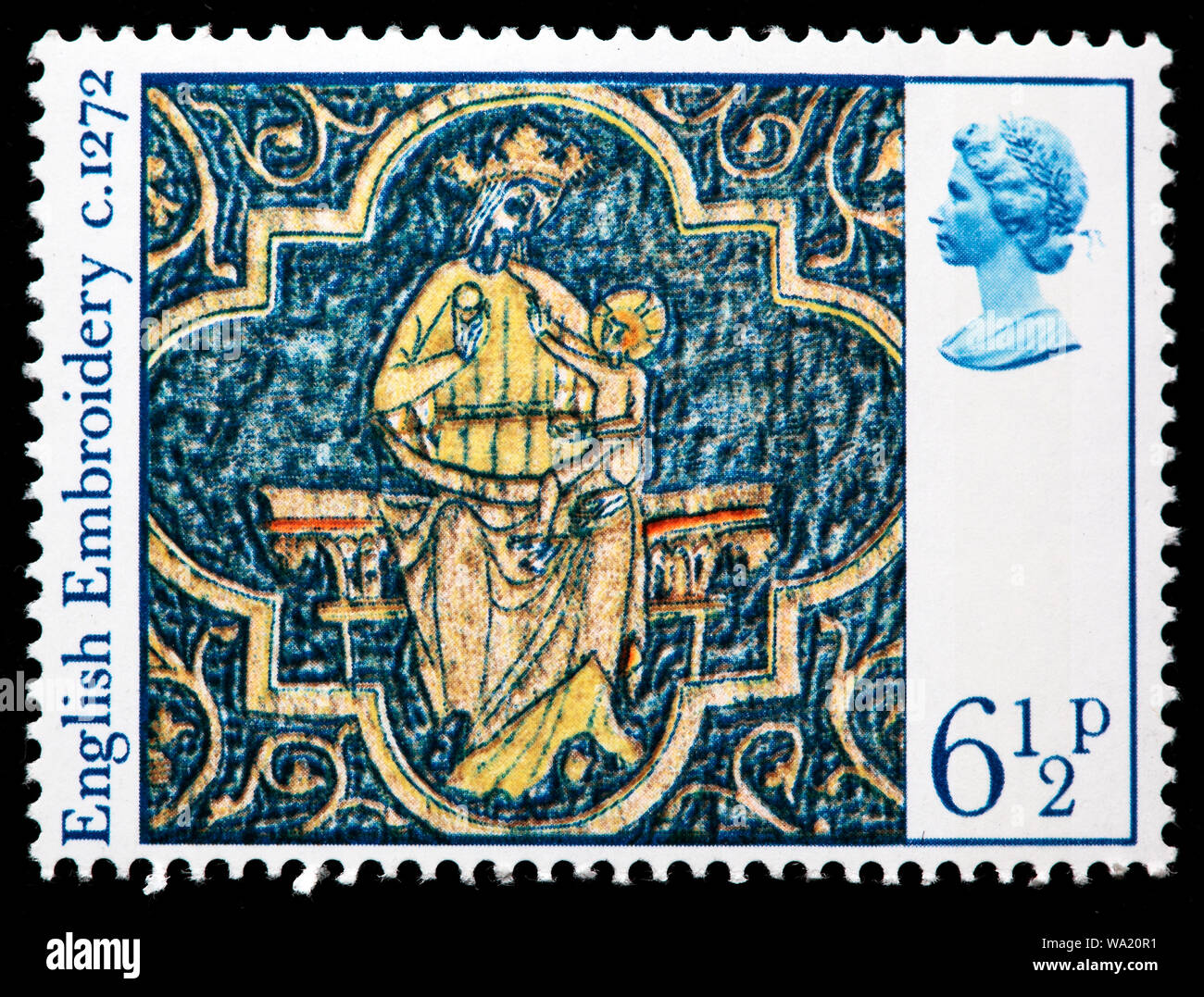 Madonna e Bambino, inglese ricamo, Felice Natale, francobollo, UK, 1976 Foto Stock