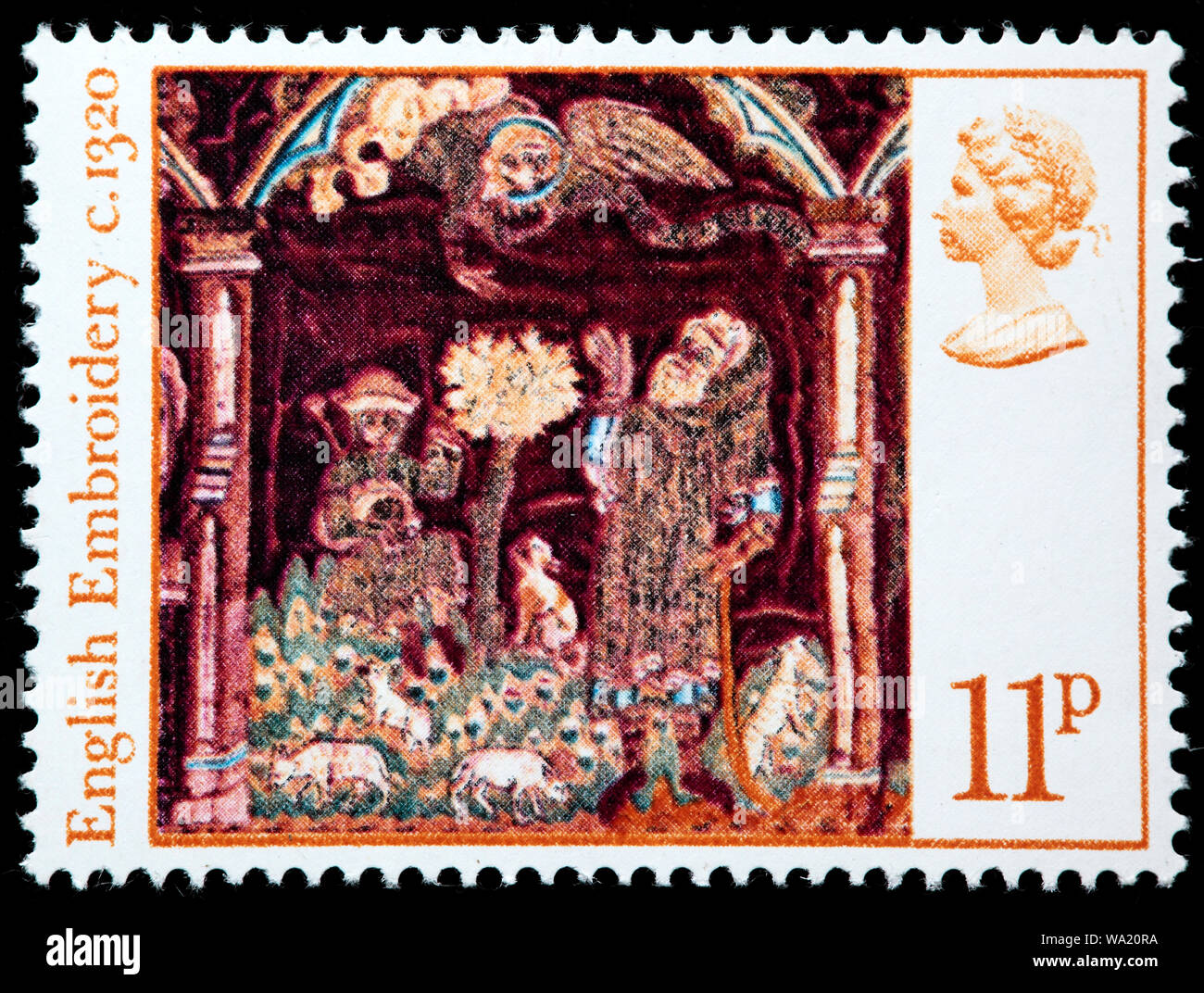 Angelo apparendo ai Pastori, inglese ricamo, Felice Natale, francobollo, UK, 1976 Foto Stock