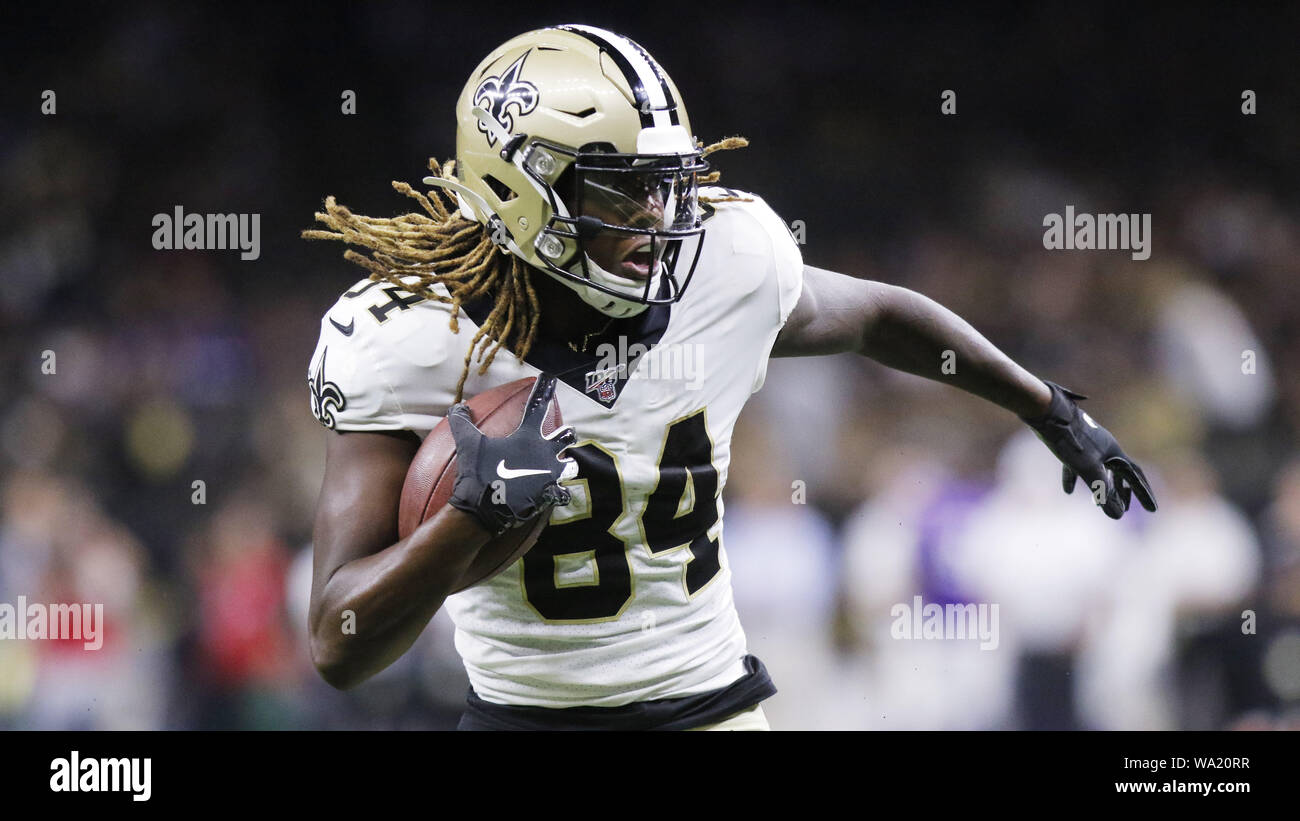 Il 9 agosto, 2019, New Orleans, Louisiana, U.S: New Orleans Saints wide receiver Lil'Giordania Humphrey corre la sfera contro il Minnesota Vikings durante un'NFL preseason game a New Orleans, Louisiana USA il 9 agosto 2019. I Vichinghi battere i santi 34-25. (Credito Immagine: © Dan Anderson/ZUMA filo) Foto Stock